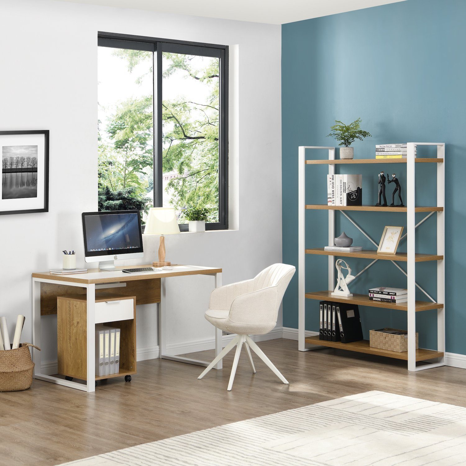 Büro-Set Noel mit 2-St), Regal-Schreibtisch SVEA (2-teilig, B&D Rollcontainer Wildeiche-Weiß home