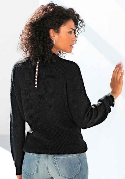 LASCANA V-Ausschnitt-Pullover mit Zierperlen im Rücken, eleganter Strickpullover