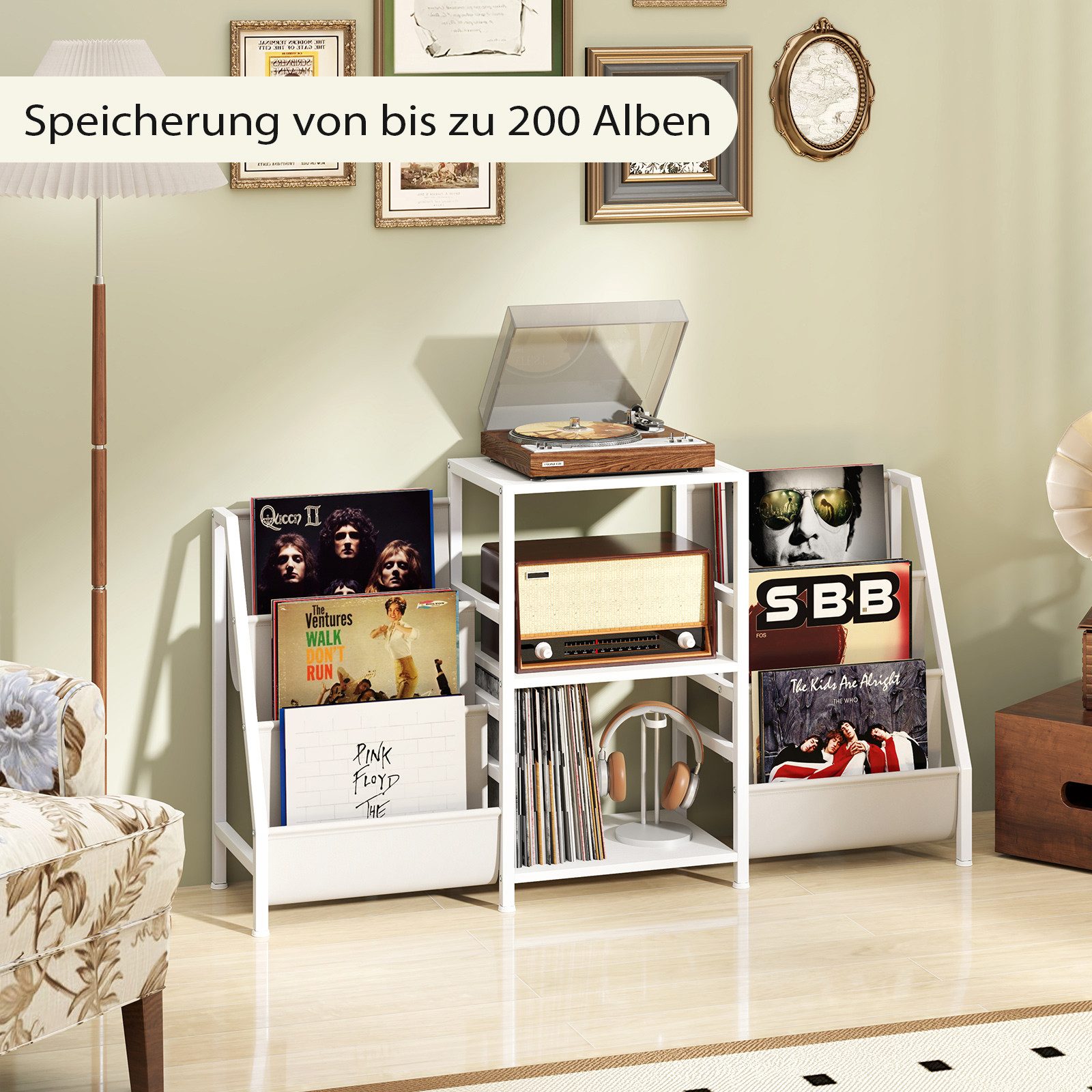 COSTWAY Bücherregal, Plattenspielerständer mit 3 Ablagen & Taschen, Metall günstig online kaufen
