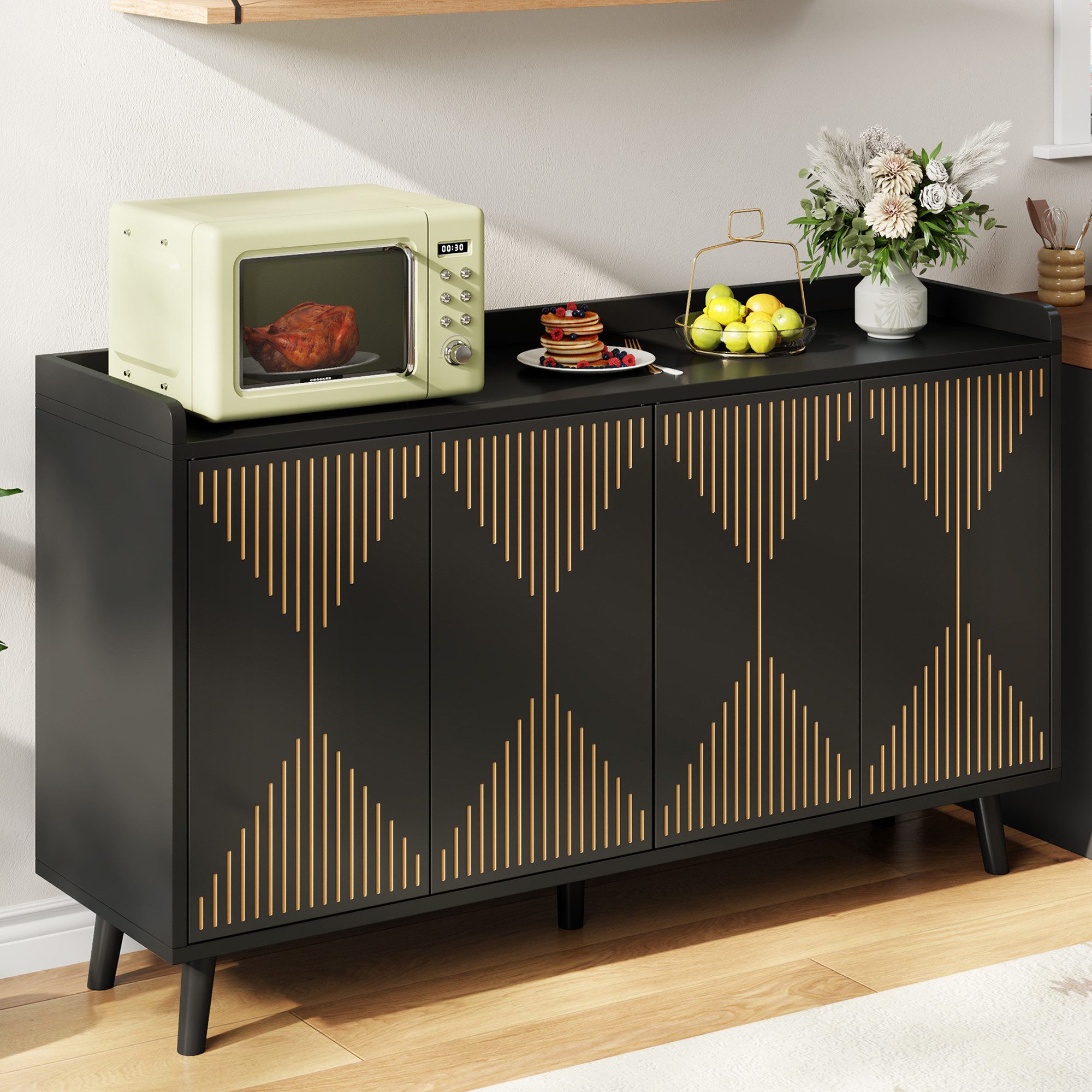 Flieks Sideboard Mehrzweckschrank mit 4 Türen und verstellbaren Einlegeböden (Aufbewahrungsschrank für Esszimmer, Wohnzimmer, Schlafzimmer, 1 St., B140xT40xH84 cm), multifunktionaler Küchenschrank mit Arbeitsplatte Schwarz, Holzbeine