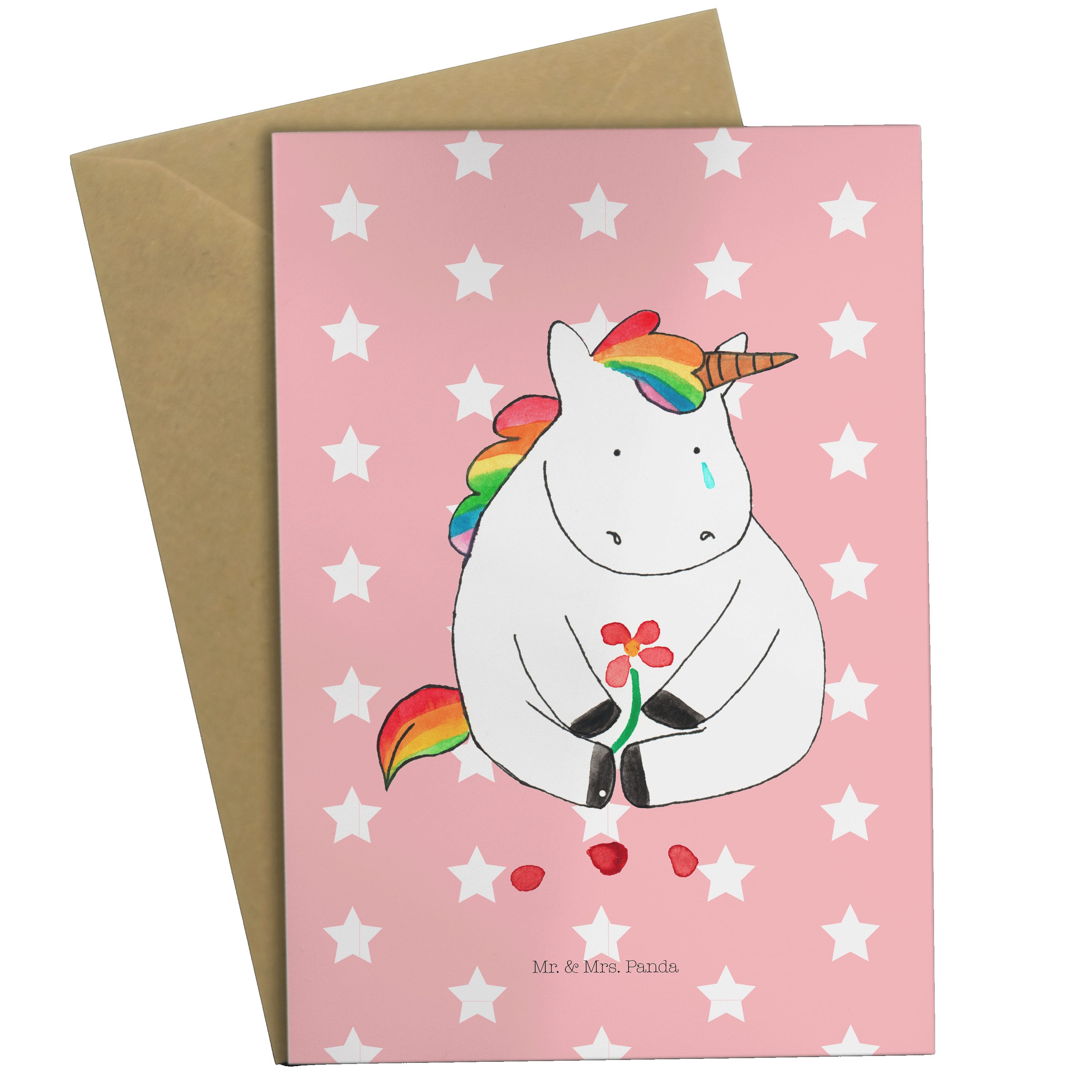 Mr. & Mrs. Panda Grußkarte Einhorn Traurig - Rot Pastell - Geschenk, Hochzeitskarte, Karte, Klap