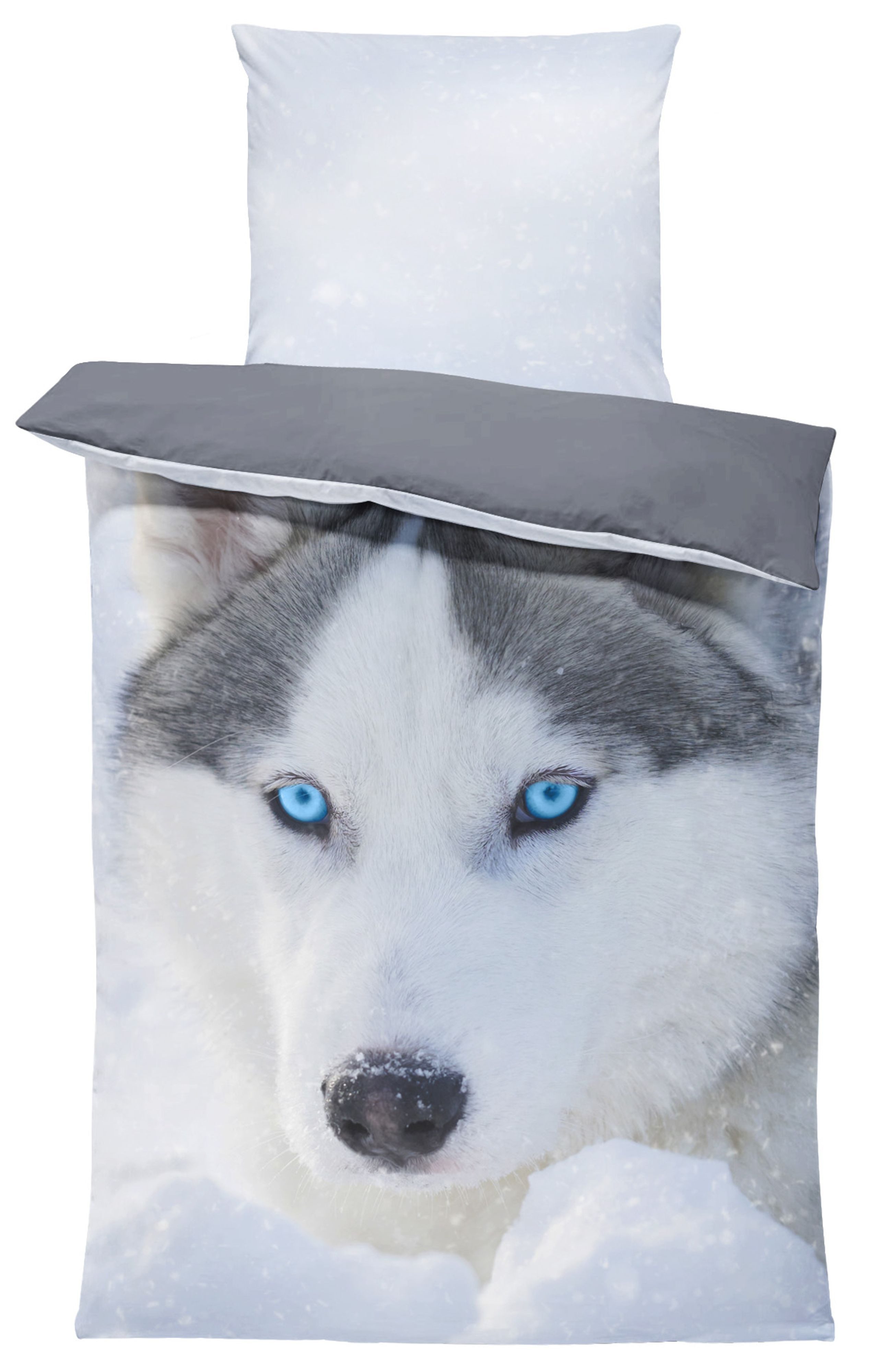 One Home Bettwäsche Fotodruck, Mikrofaser, 2 teilig, Husky Schnee Hunde Tiere, Knitterfrei Weich für Sommer und Winter