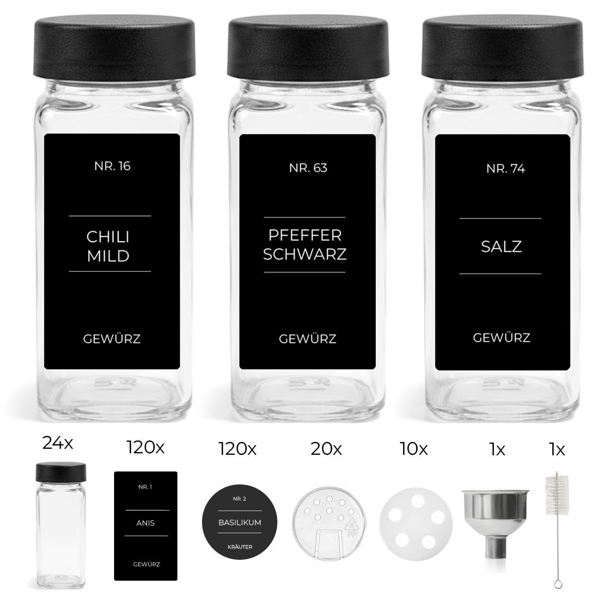 mixed24 Gewürzstreuer 24x Gewürzgläser Schwarze Deckel 120ml, (inkl. 240 Etiketten, 30x Streueinsätze, 24-tlg), 1x Edelstahl Trichter, 1x Reinigungsbürstchen