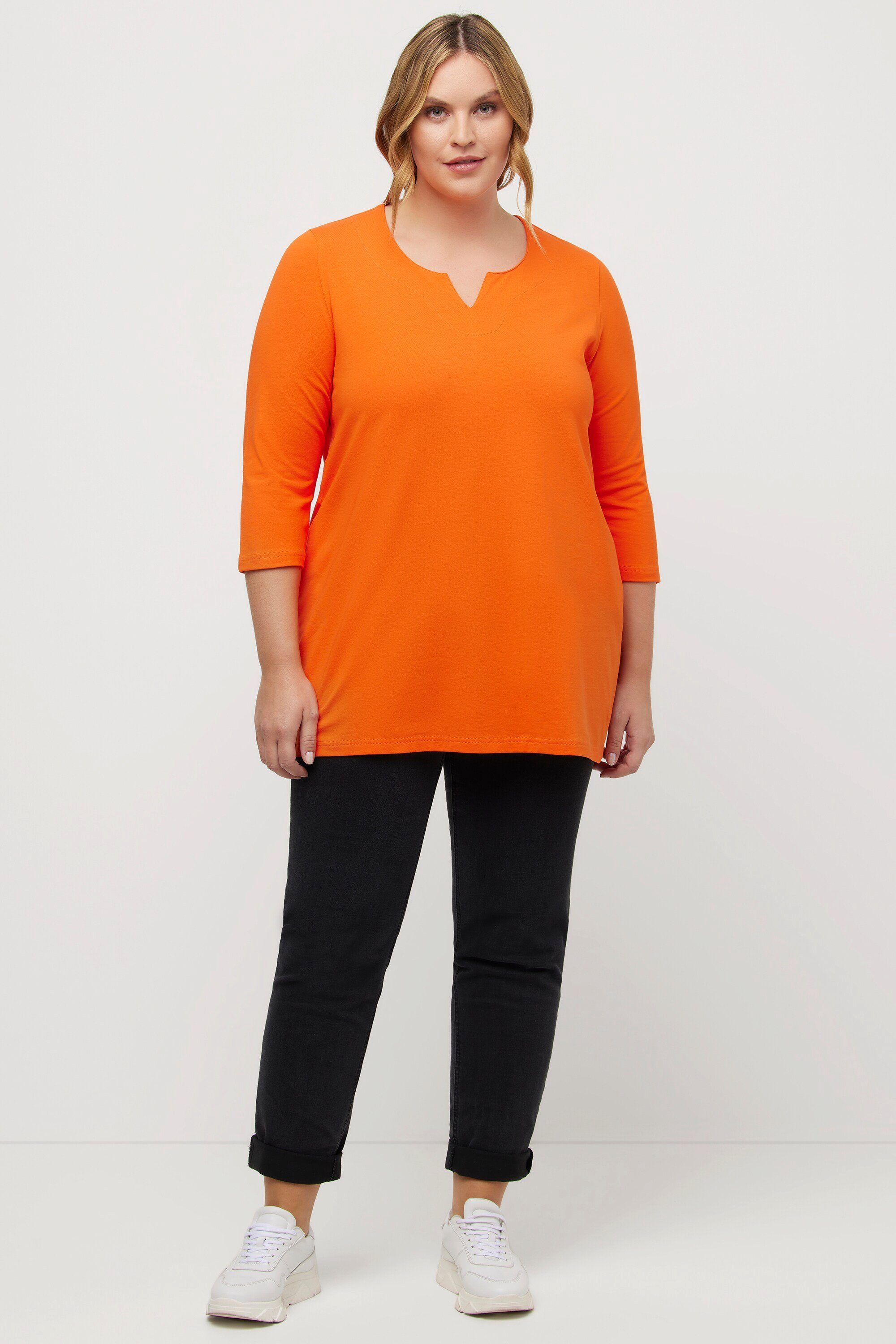 A-Linie Popken V-Ausschnitt Ulla 3/4-Arm orange Rundhalsshirt Longshirt