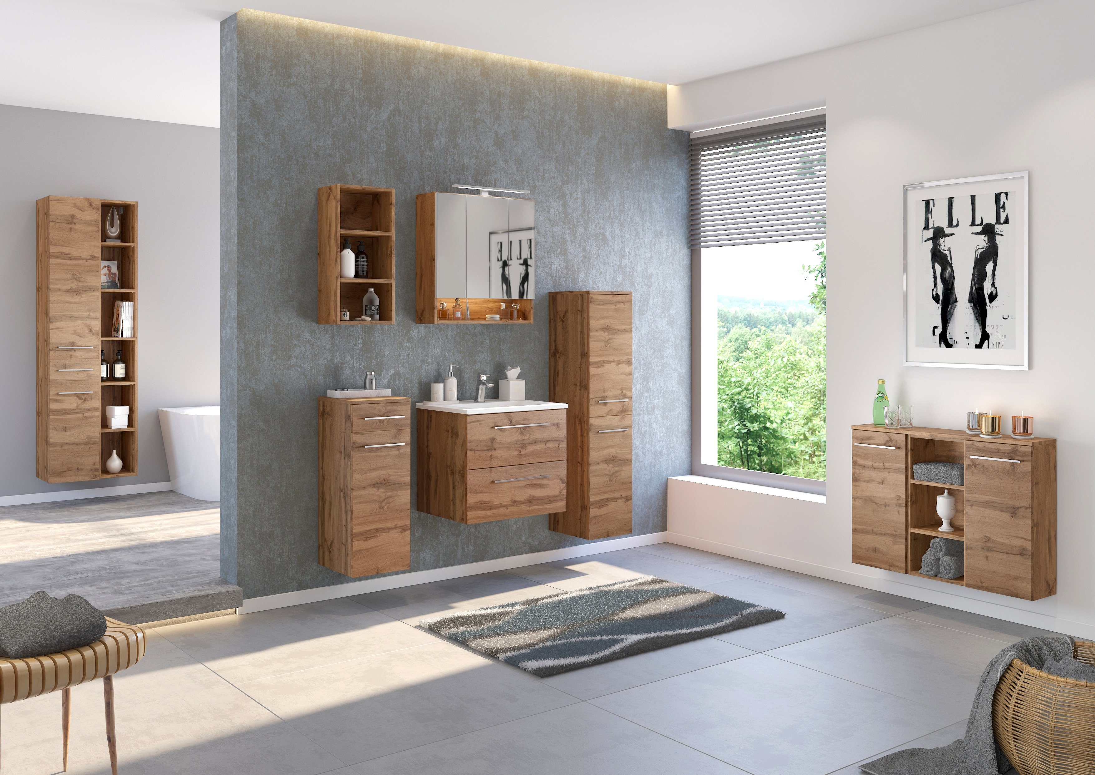 HELD MÖBEL Hochschrank Midischrank Livorno 30 cm Wotaneiche/Wotaneiche