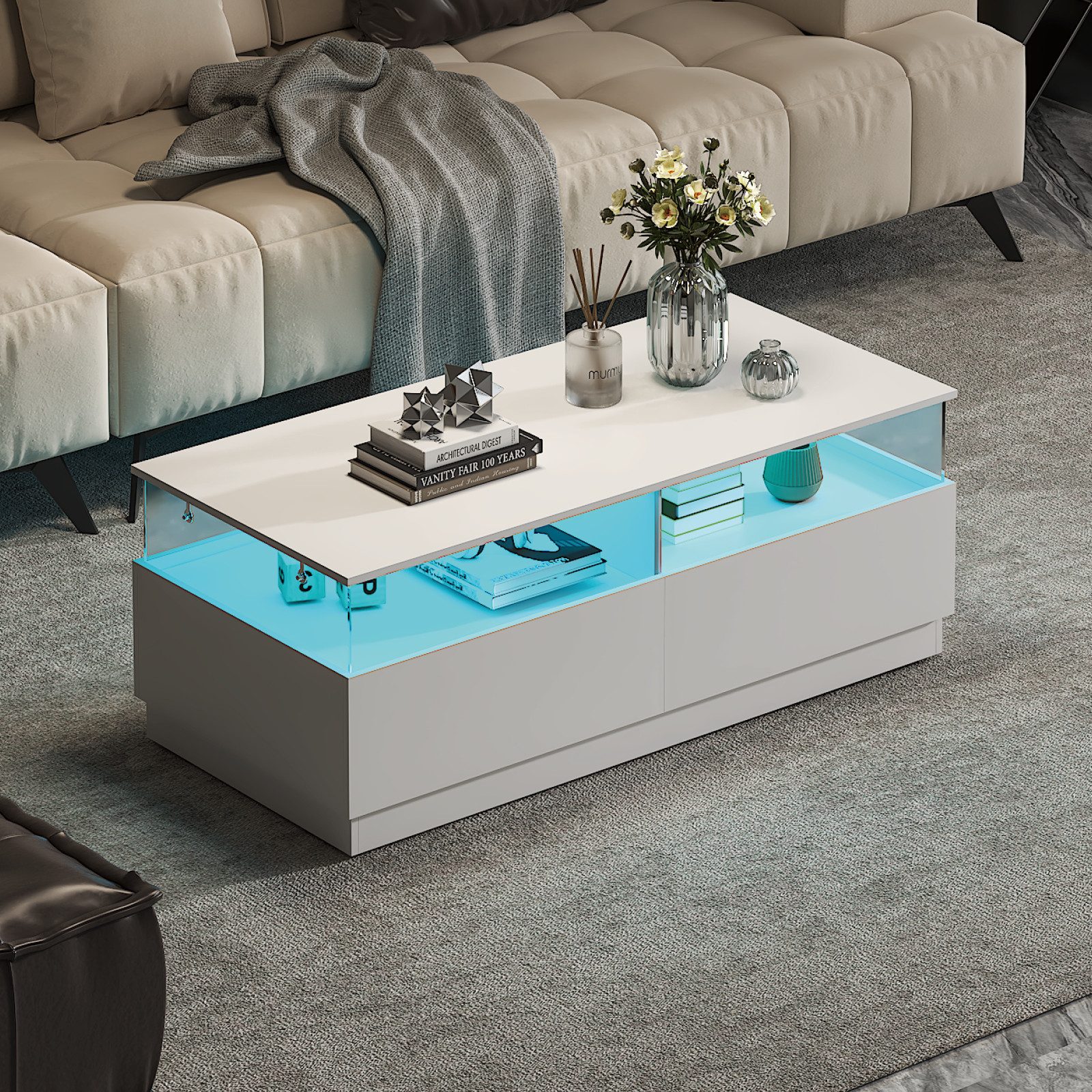 radelldar Couchtisch mit LED-Beleuchtung und 2 Acryltüren-Schubladen (1-St), Wohnzimmertisch Beistelltisch 108 x 50 x 40 cm – Bild 4 von 5
