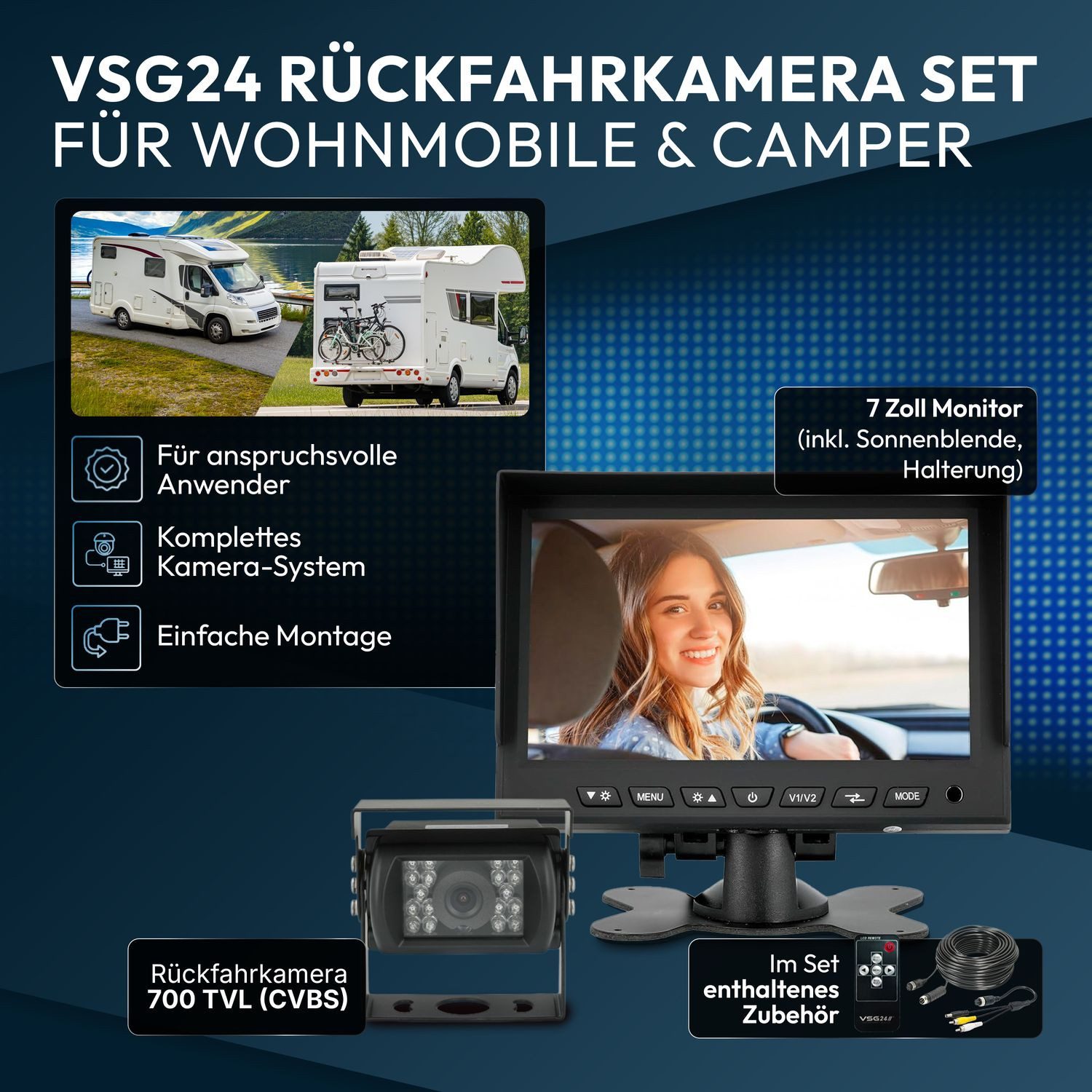 VSG24 7" Rückfahrsystem CAMPER für Wohnmobile inkl. Monitor, Kabel und 1 x Rückfahrkamera (Nachtsicht 12V-24V Wasserdicht Einfache Montage für Wohnwagen LKW)