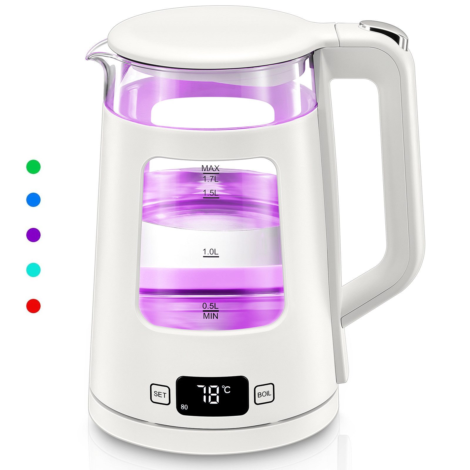 FOHERE Wasserkocher aus Glas mit Temperatureinstellung und 5 LED, 1.7 l, 2200 W, aus hochwertigem Edelstahl, Borosilikatglas & BPA-freiem Kunststoff
