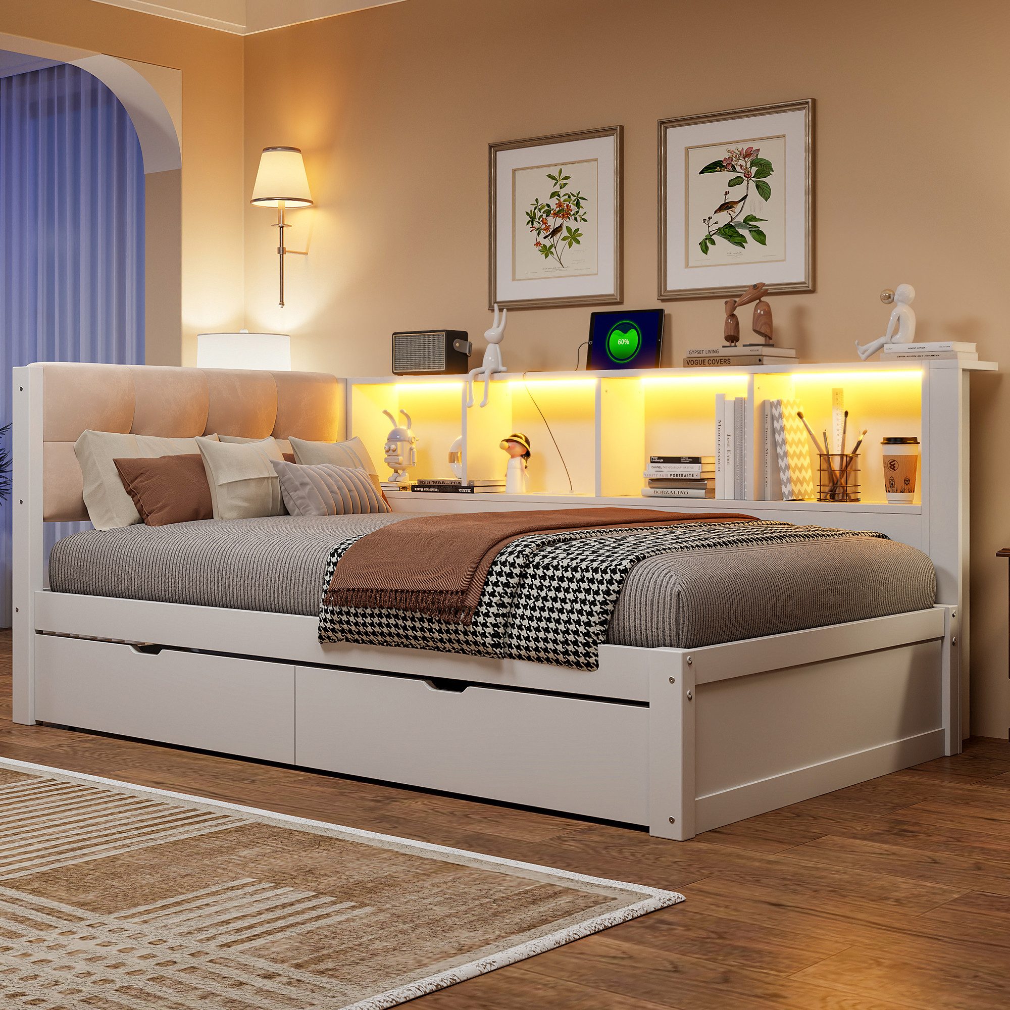 Merax Daybett mit LED-Beleuchtung & USB Anschluss (Jugendbett Schlafsofa Sofabett Kinderbett mit gepolstertem Kopfteil, 1 tlg), Kiefernholz Tagesbett 90x200 cm mit Schubladen, Regal & Stauraum
