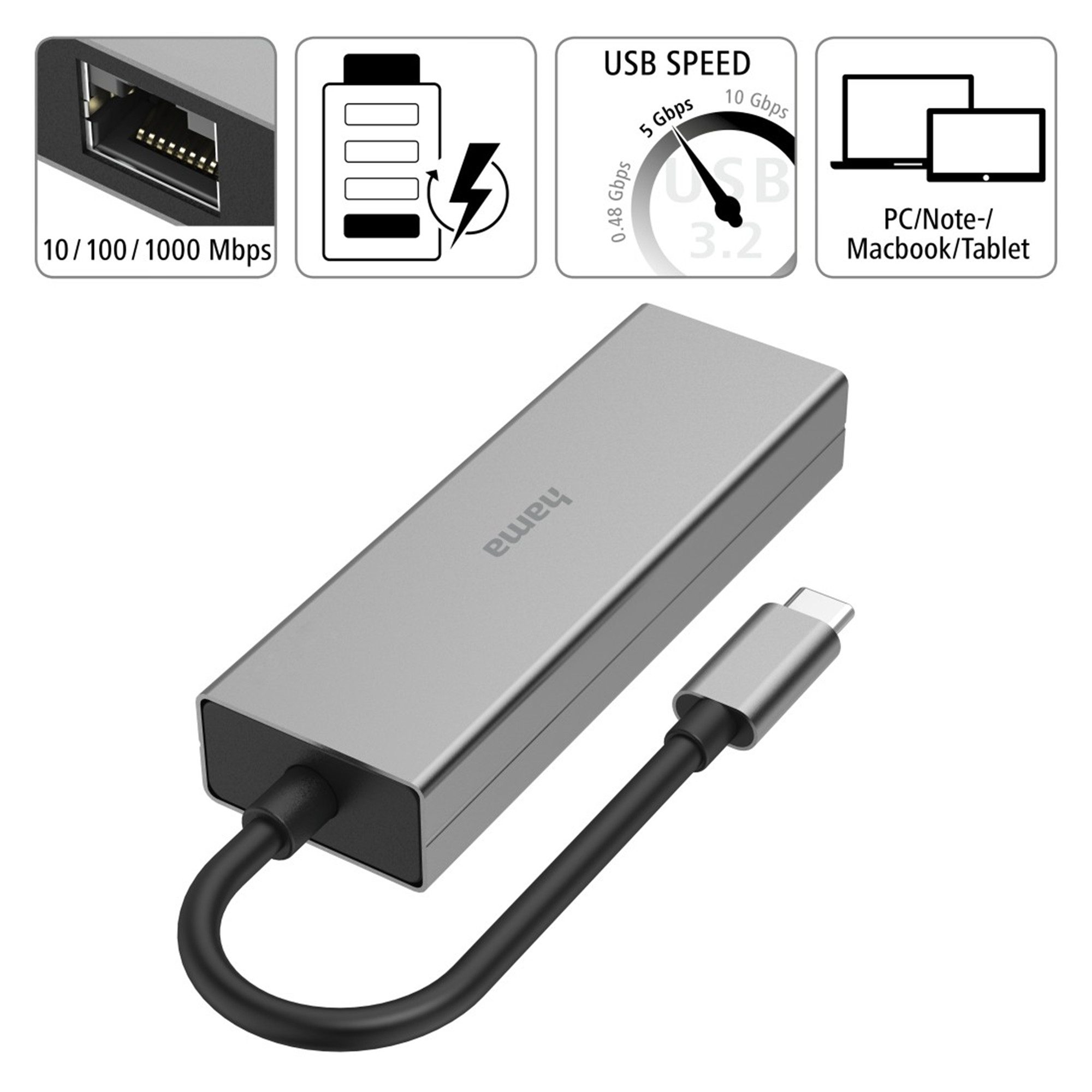 Hama Multiport, 4 Ports Computer-Adapter USB-C, 0.15 cm