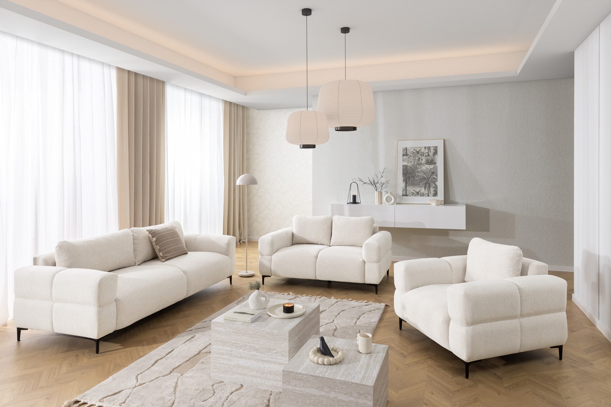 S-Style Möbel Polstergarnitur 3+2+1 Cardea in Bubble-Optik aus weichem Strukturstoff, mit Wellenfederung und hohem Sitzkomfort