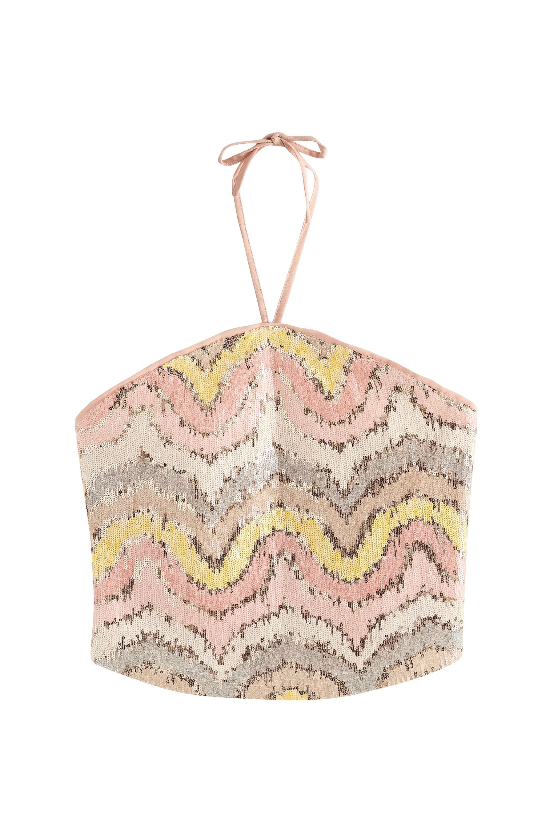 Next Kurzarmbluse Ärmelloses Neckholder-Oberteil mit Pailletten (1-tlg)