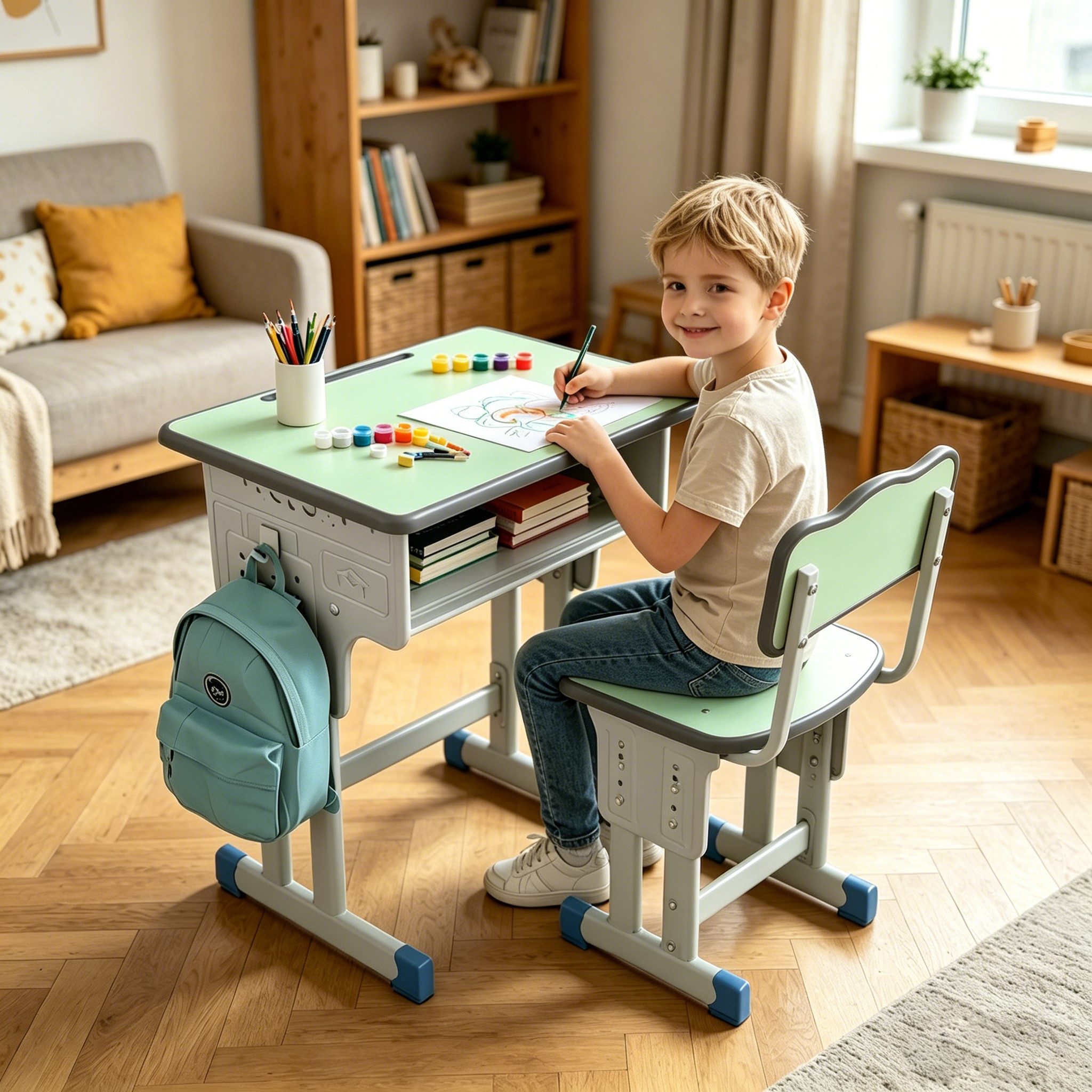 BBG Kinderschreibtisch Höhenverstellbares Kinder Schreibtisch Set mit Stuhl (Ergonomischer Lerntisch 60x40 cm, 4-Stufen Höhenverstellung, Ein Tisch, ein Stuhl), – Bild 3 von 5