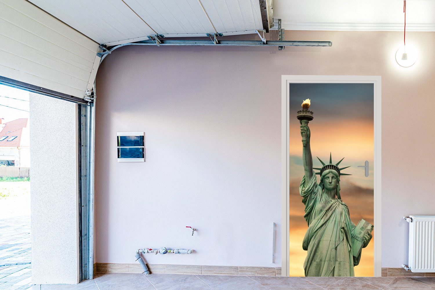 Freiheitsstatue Fototapete für Tür, bedruckt, Türtapete St), Türaufkleber, Matt, - (1 New York Sonnenuntergang, 75x205 MuchoWow - cm