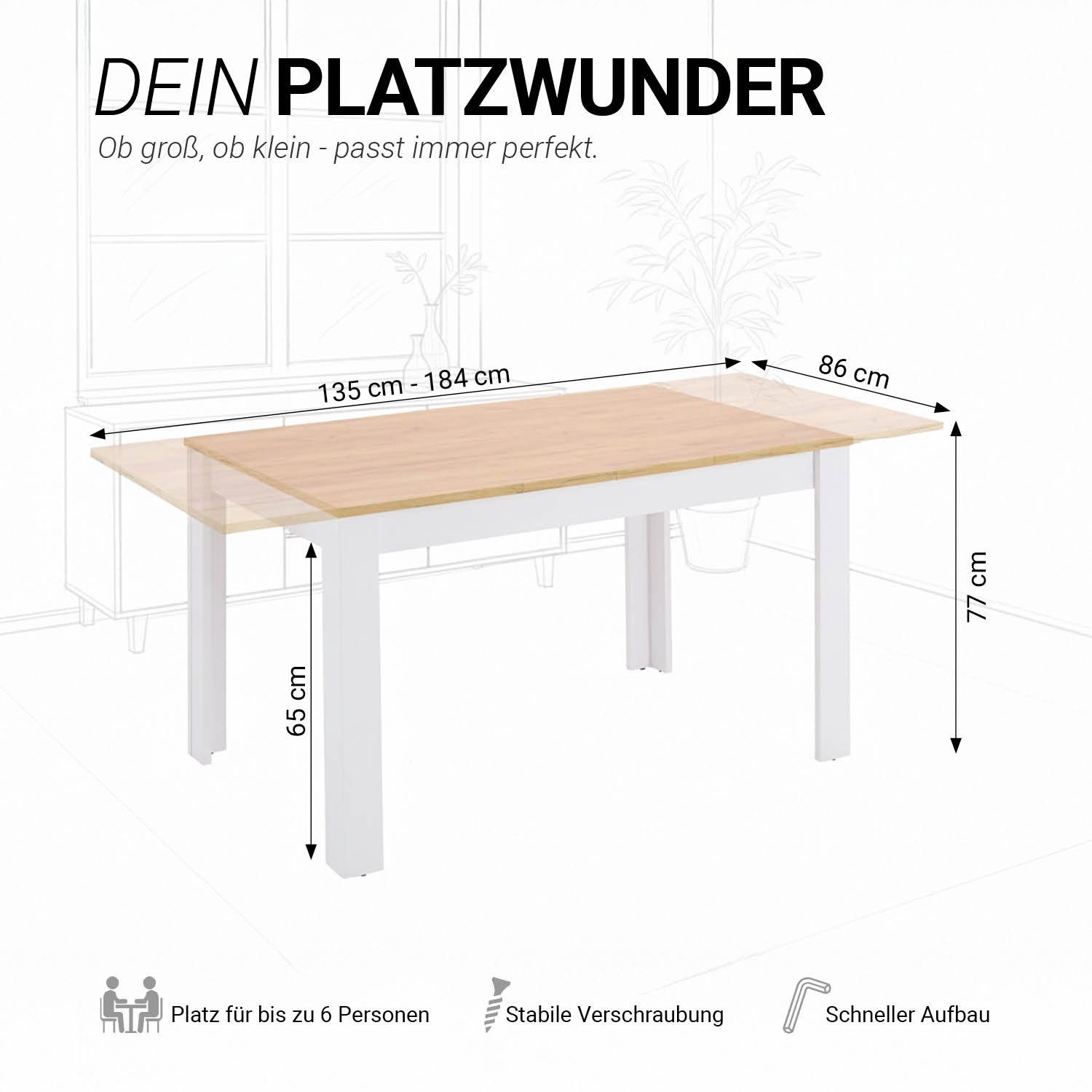 Homestyle4u Esstisch 86x135 bis 86x184 Esszimmertisch ausziehbar Holztisch Weiß Küchentisch, Platte Eiche Kraft Gold Optik