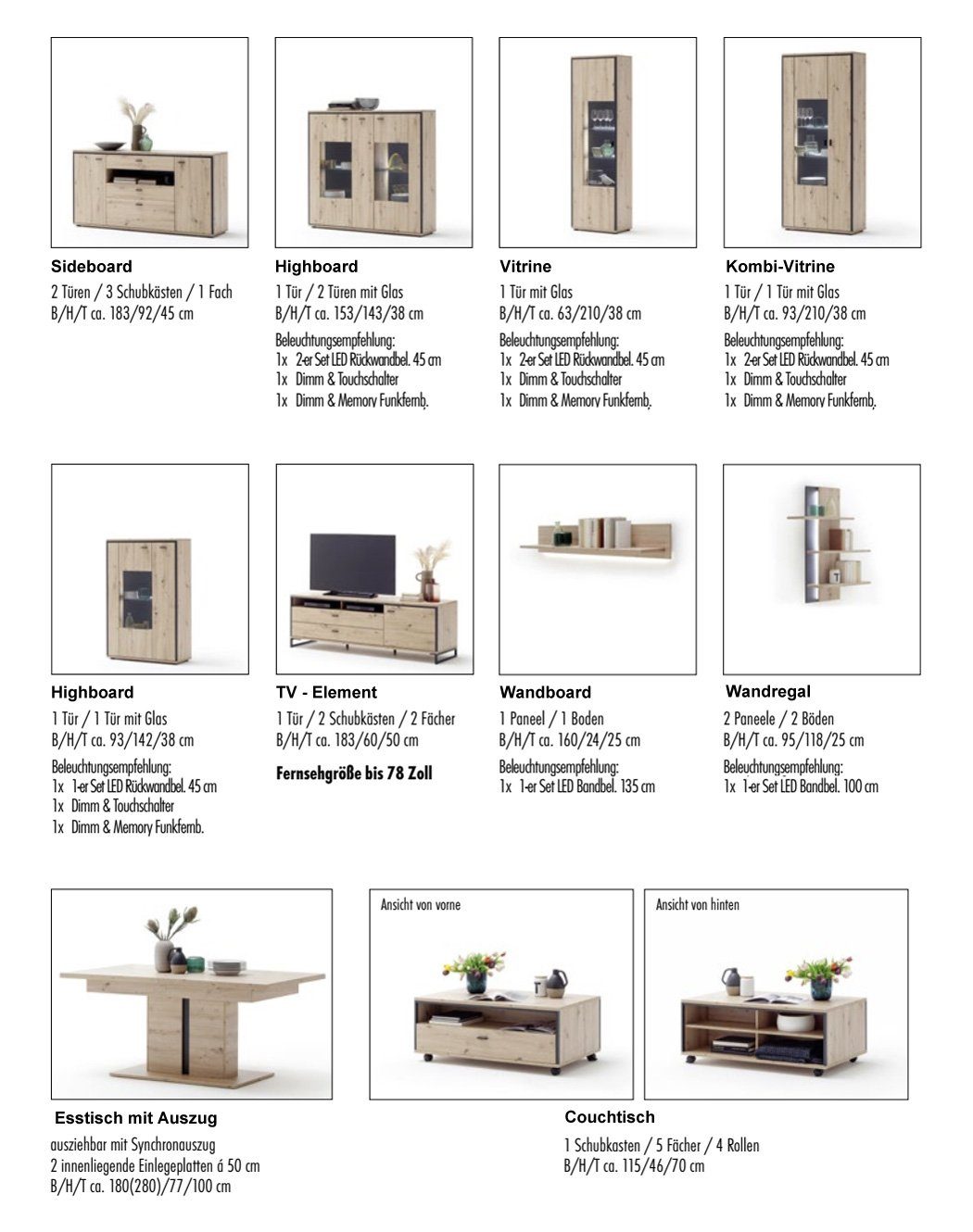 Wohnzimmer-Set Chenille-Optik 10-St), (Spar-Set, expendio montiert Balkeneiche 2x 140, 4x Mendoza anthrazit Stühle + olive