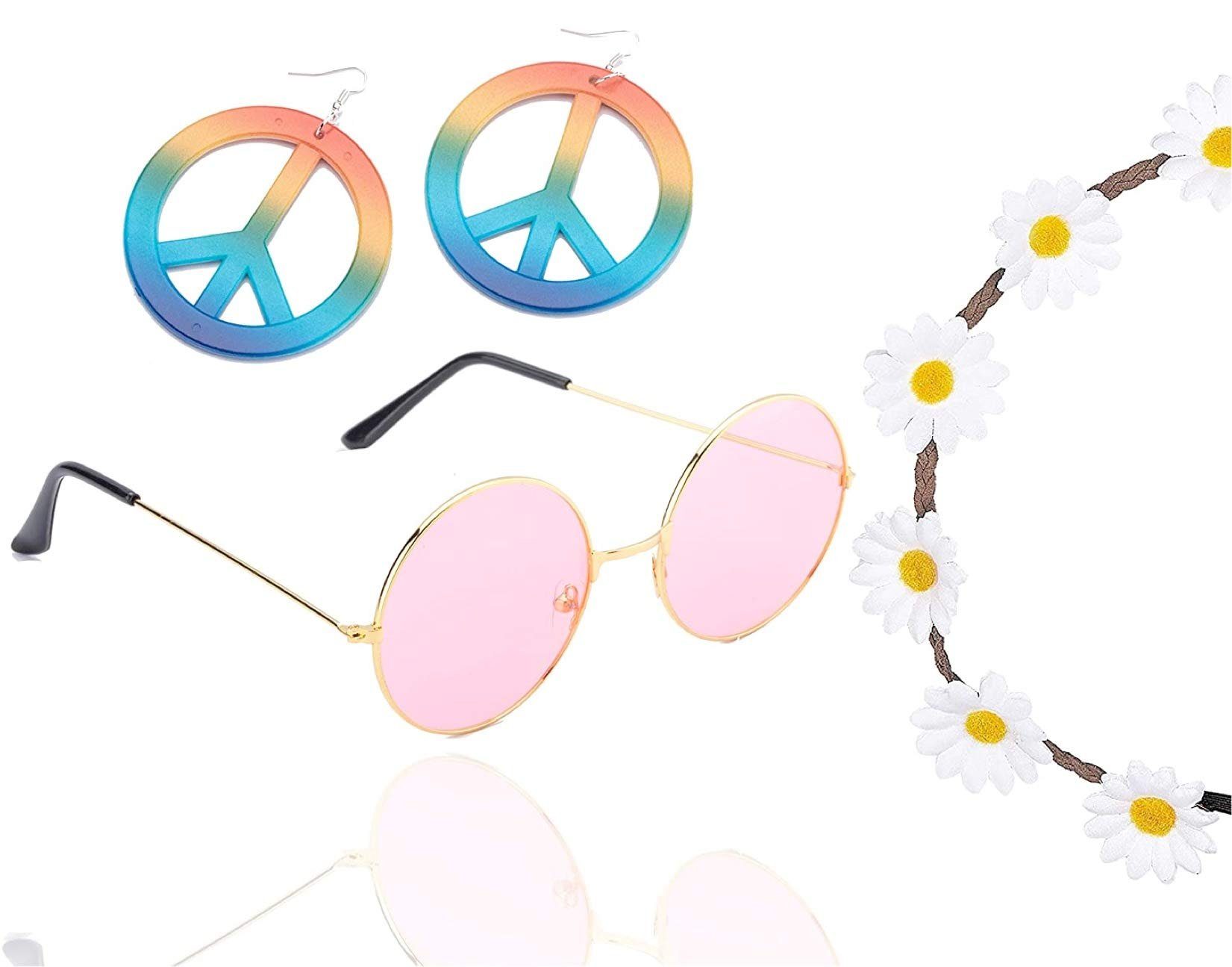Kostümheld® Hippie-Kostüm 4 in 1 - 70er Hippie Set - Hippiebrille Kette Ohrringen - retro Kostüm, unisex