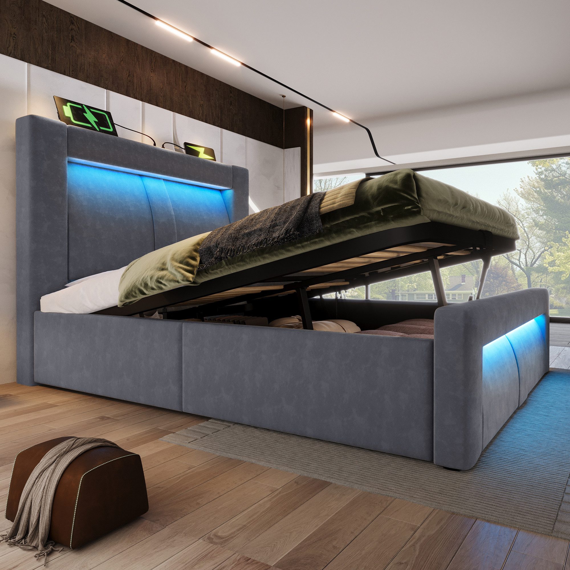 HAUSS SPOLE Stauraumbett mit LED,90x200 Polsterbett Jugendbett mit Kopfteil ohne Matratze