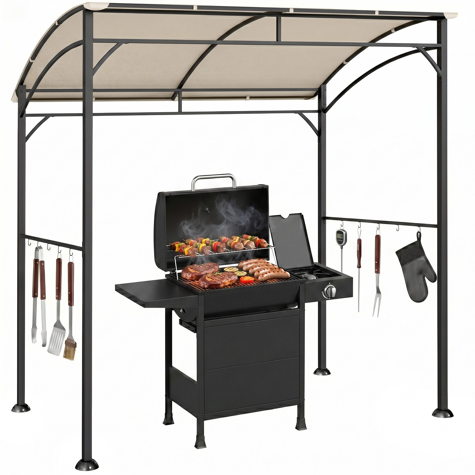 Outsunny Grillpavillon Regenschutz, UV-beständig, mit 1 Seitenteilen, (Grillpavillon, Grillüberdachung), für Garten, Balkon, Beige