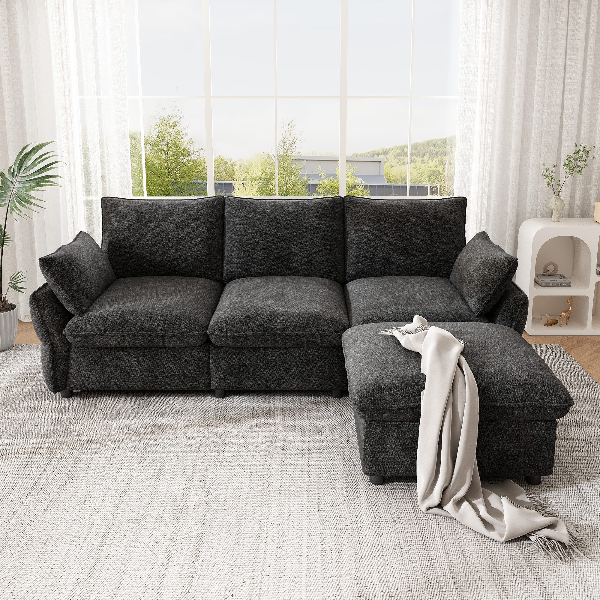 Flieks Ecksofa 3-Sitzer Sofa inkl. 1 Hocker & 2 Zierkissen, 222,5×154,5×76,5 cm 1 Teile, L-Form Couch Chaiselongue mit Schlaffunktion, Chenille, Dunkelgrau – Bild 2 von 5