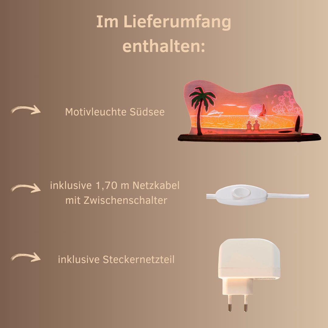 Weigla LED Dekolicht Südsee, Holz & Acrylglas, ROT-NATUR-BRAUN, Made in Germany, LED wechselbar, Neutralweiß, Erzgebirge garantiert, Dekolampe für Innen, Dekoleuchte