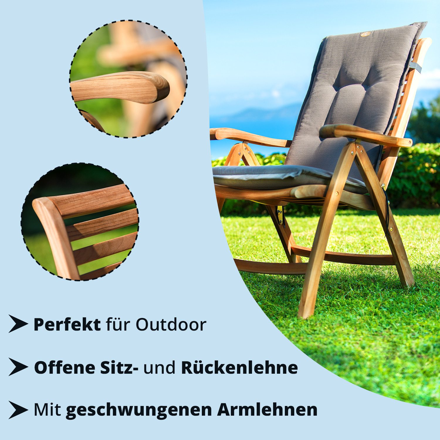 KHG Gartenstuhl Gartenstuhl klappbar, 6-fach verstellbar, bis 120 kg belastbar (Outdoor-Klappstuhl mit Armlehnen), aus Teakholz, zum Schutz geölt, FSC-Zertifiziert