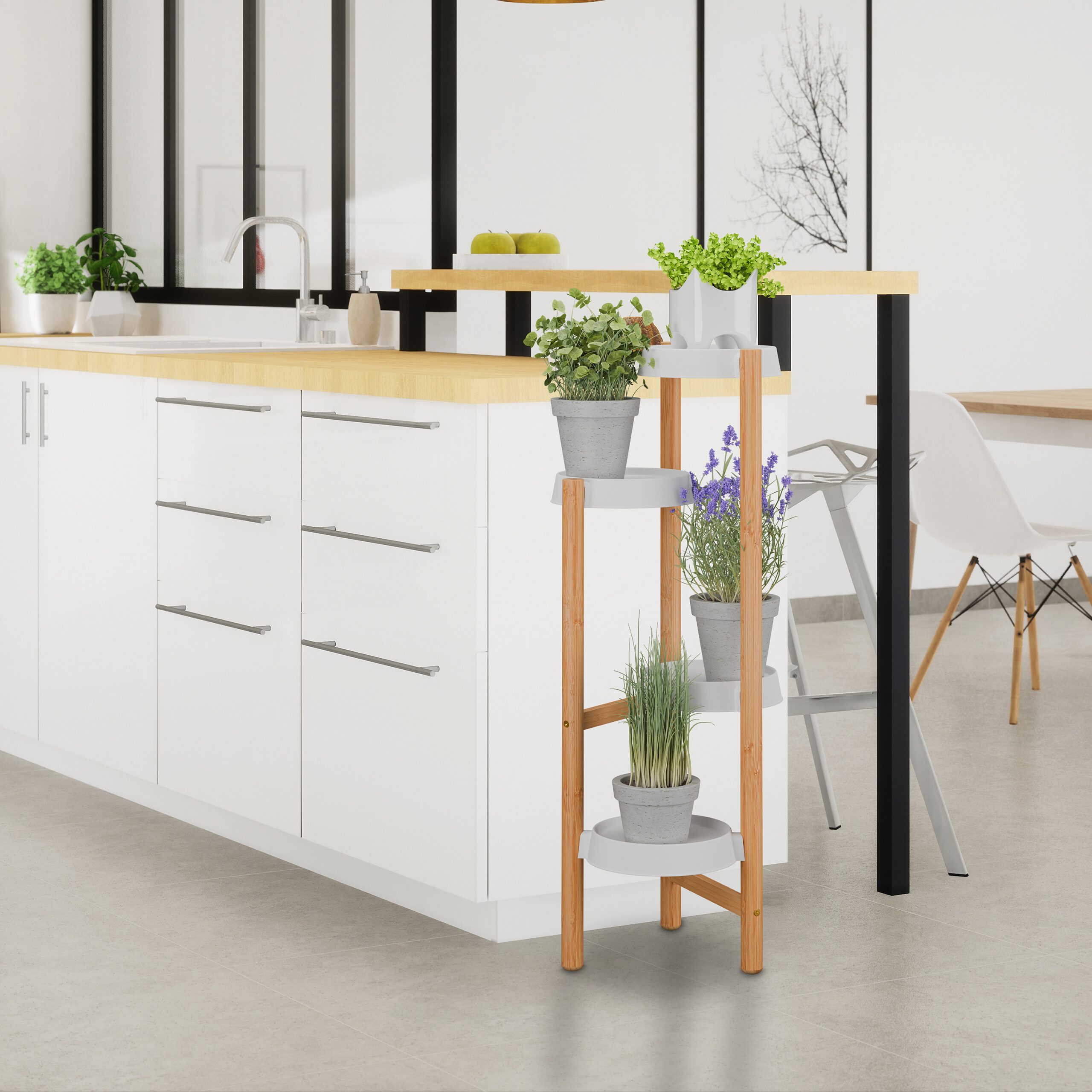 relaxdays Blumenständer Pflanzenständer Bambus & Kunststoff (1 St), weiß günstig online kaufen