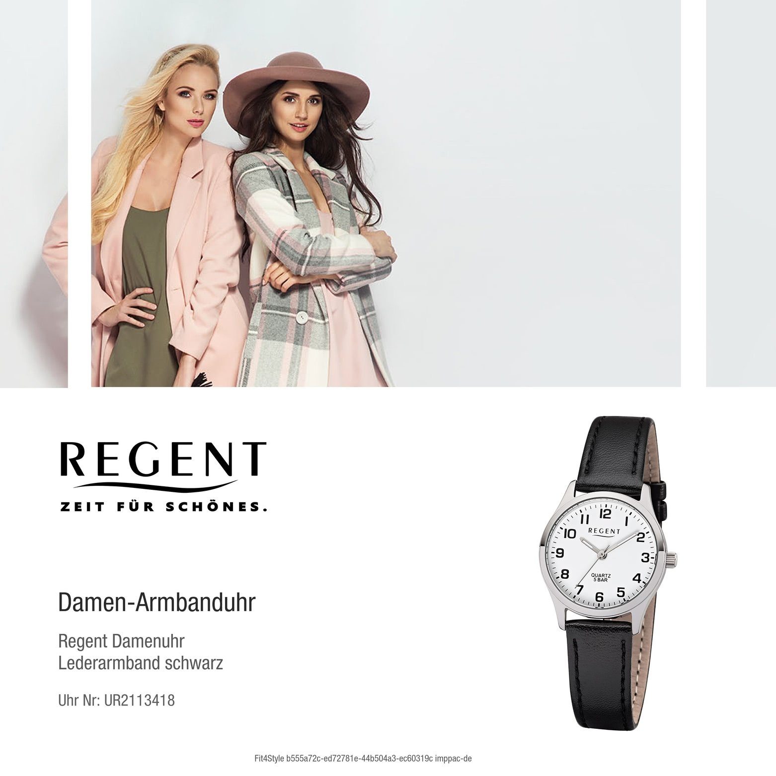 Armbanduhr Regent 29mm), Damen Lederarmband schwarz (ca. Quarzuhr Analog, Regent rund, Damen-Armbanduhr klein