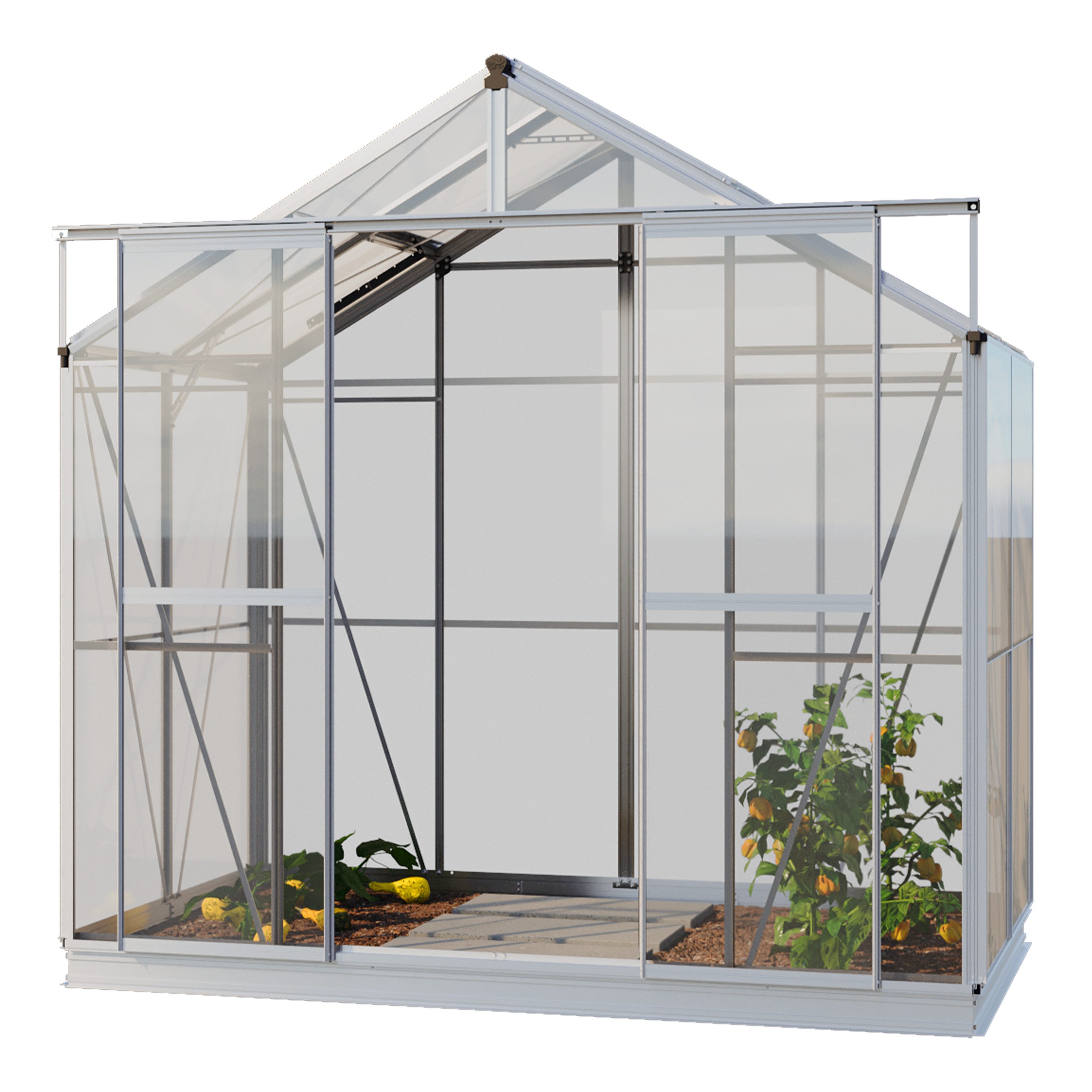 GFP Gewächshaus Jade 2 Glasgewächshaus mit Aluminium-Rahmen 222 x 131 x 211 cm, 4 mm Wandstärke, inkl. Fundamentrahmen und automatischem Fensteröffner