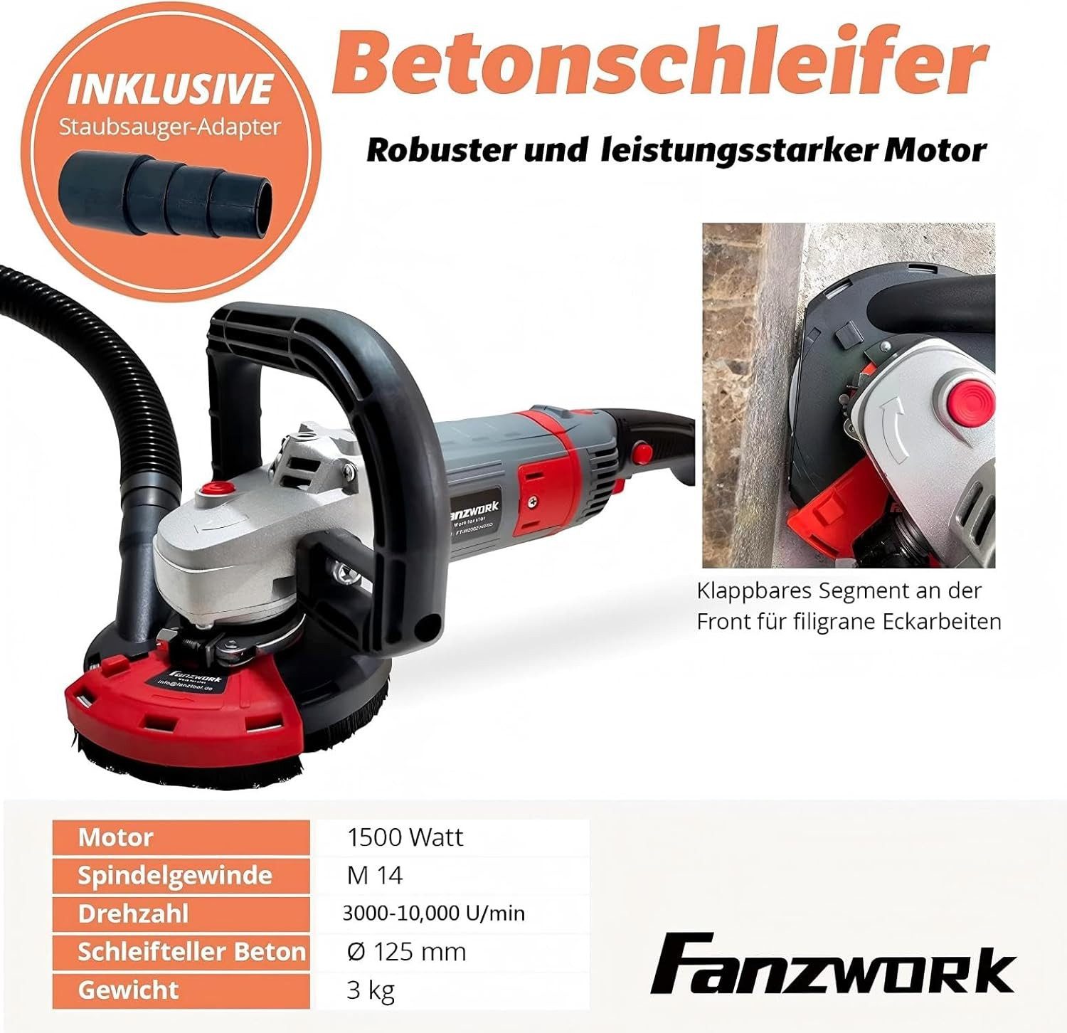 Fanzwork Winkelschleifer 1500W Betonschleifer mit 125mm Diamanttopf PROFI & Absaughaube, Ideal für Beton, Estrich und Fliesenkleber Schleifen