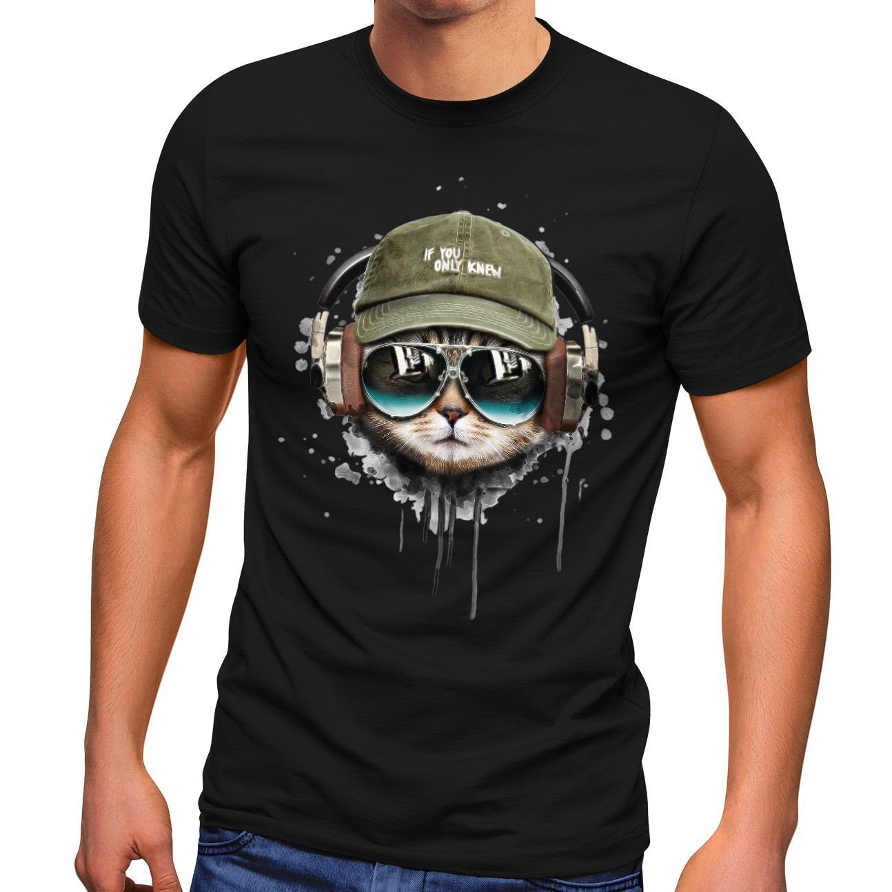 Neverless Katzen-Motiv T-Shirt Musik Fashion cool Neverless® Print-Shirt Kopfhörer Herren Streetstyle Print mit