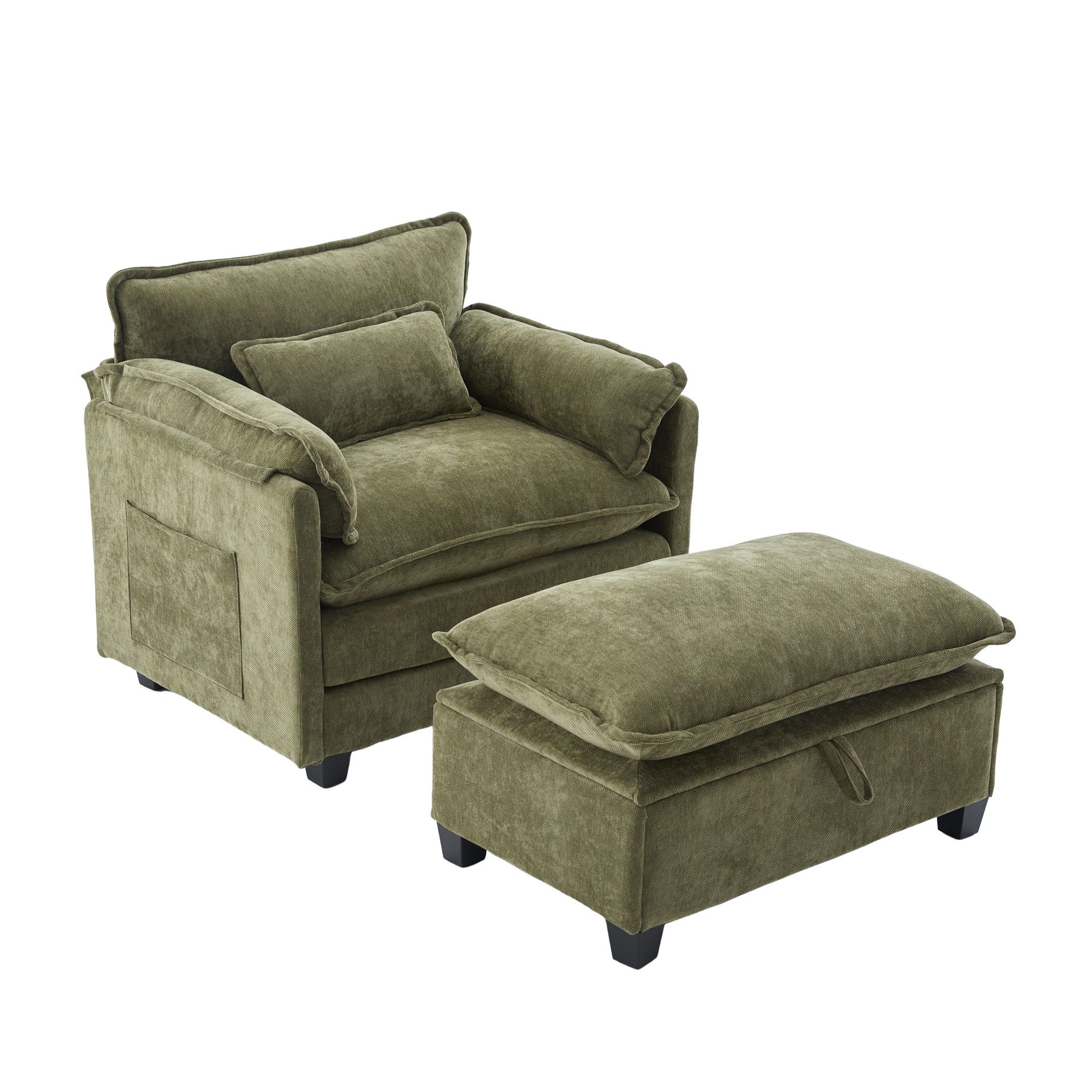 OKWISH Loungesessel Polsterstuhl Relaxsessel (Samt-Sessel mit Fußhocker & Seitentaschen, Komfortabler Lesesessel mit verstecktem Stauraum), für Wohnzimmer & Schlafzimmer