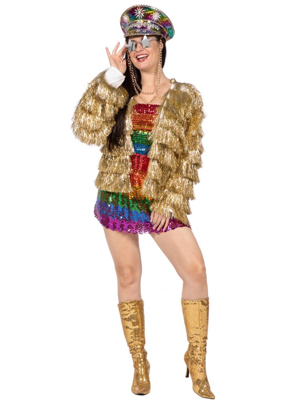 Metamorph Kostüm Glitzer Festivaljacke gold, Fransenjacke mit Lametta-Overload