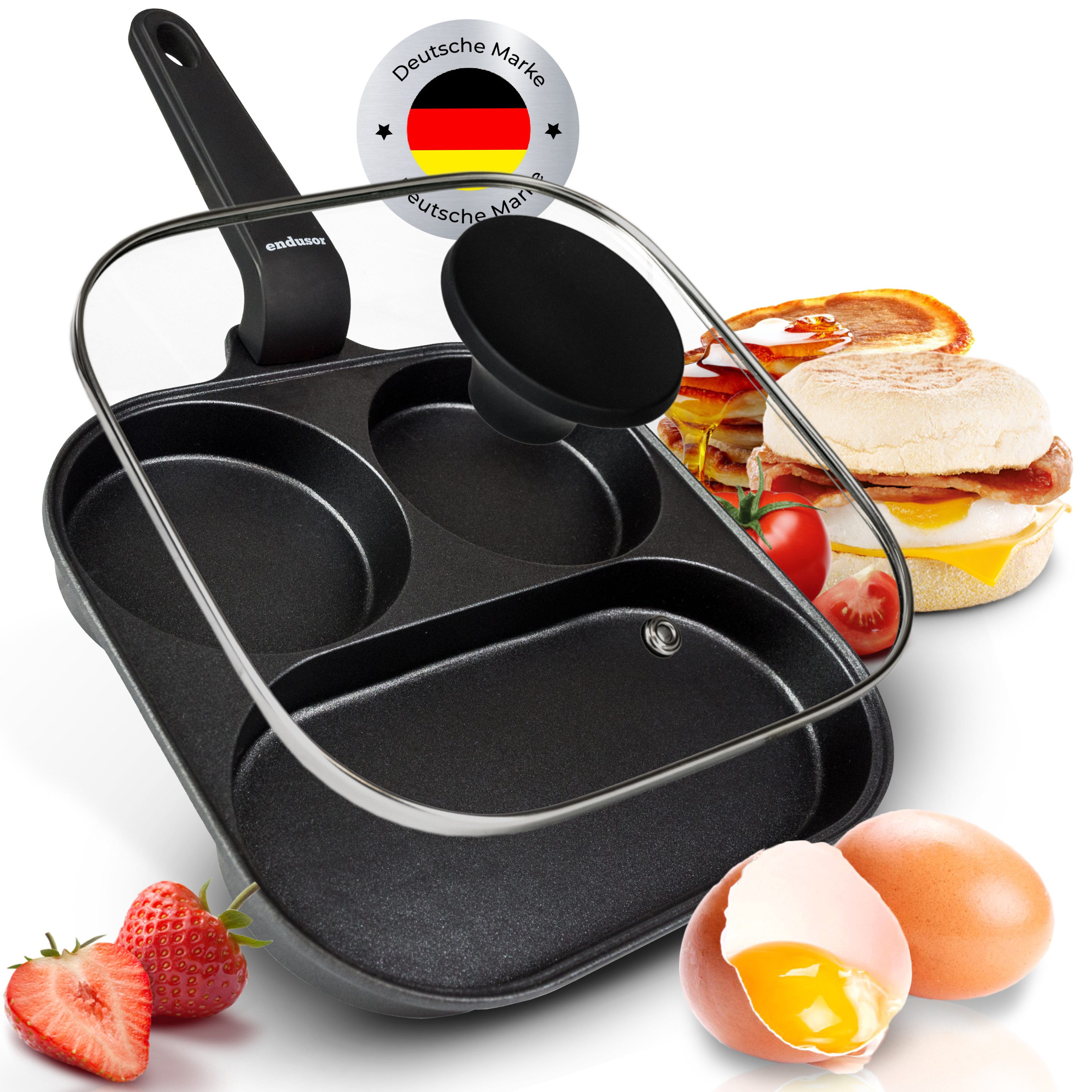 endusor Bratpfanne Frühstückspfanne Spiegeleipfanne (21cm), Aluminiumguss (inkl. Glasdeckel, Alle Herdarten auch Induktion), Antihaft-Beschichtung & Eisenkernboden für Spiegelei, Pancakes & Mehr