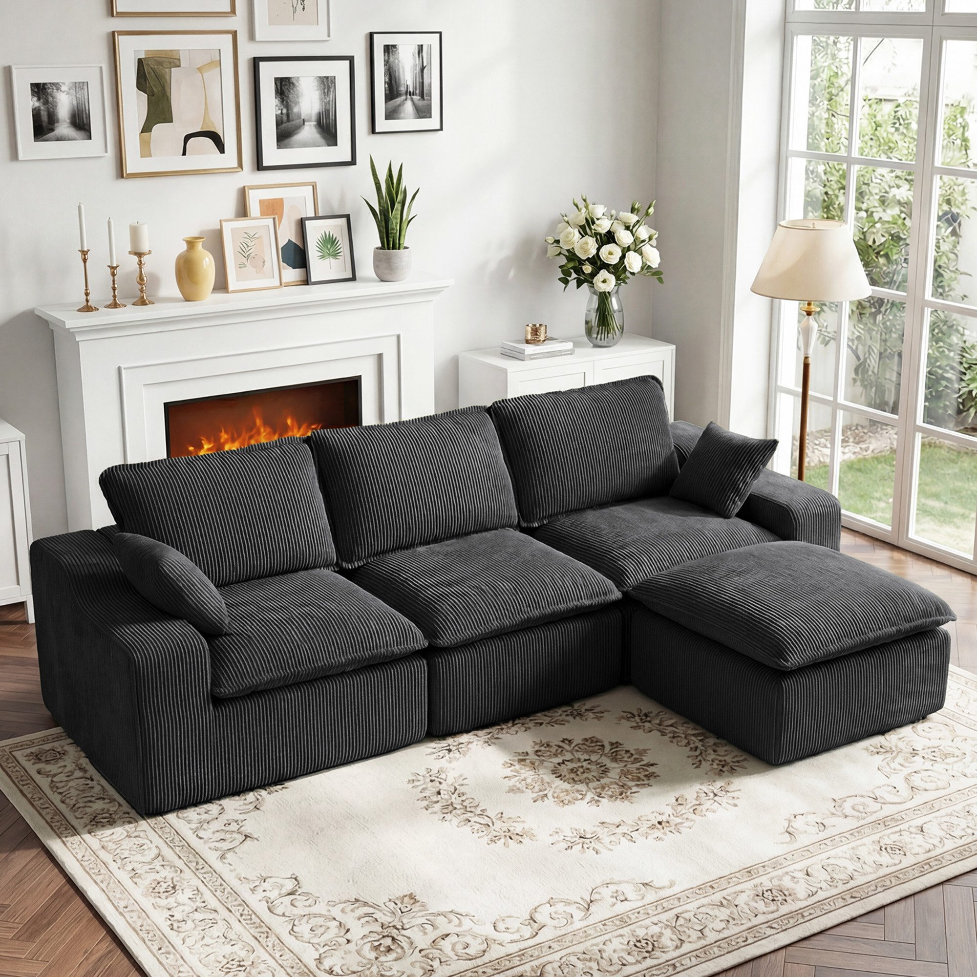 Vipbear Wohnlandschaft 273cm Modulares Cord-Sofa mit Fußhocker, 1 Teile, Bewegliche Kombination, grau