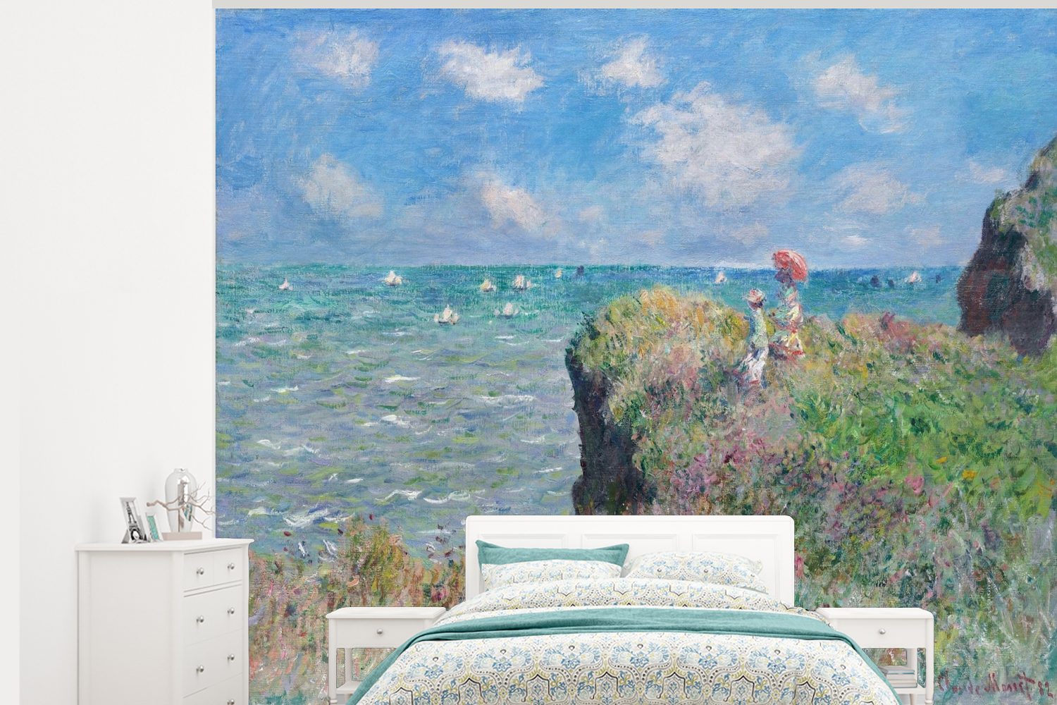 MuchoWow Fototapete Spaziergang auf der Klippe in Pourville - Gemälde von Claude Monet, Matt, bedruckt, (5 St), Montagefertig Vinyl Tapete für Wohnzimmer, Wandtapete