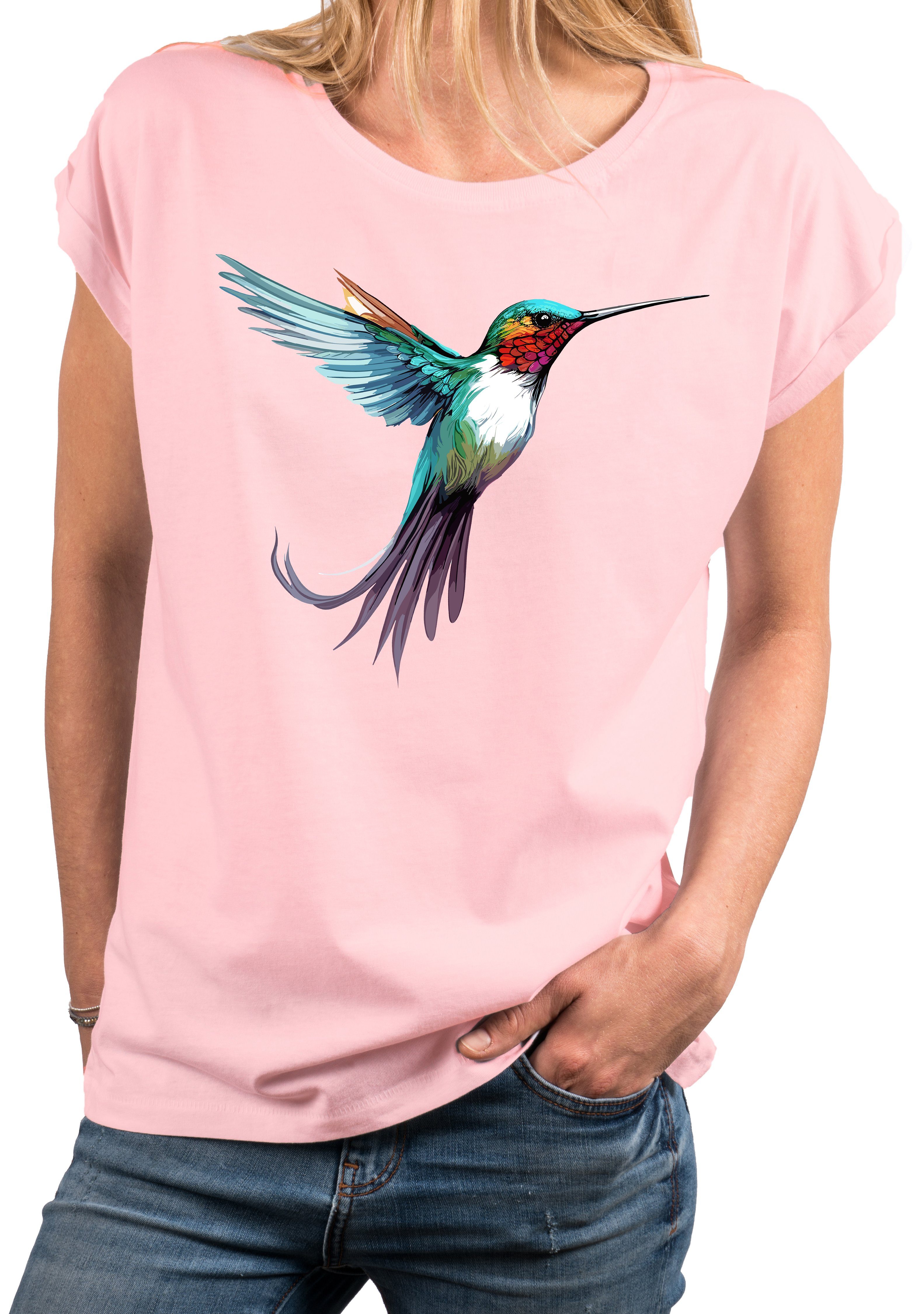 MAKAYA Print-Shirt Damen Kolibri Motiv Sommer Top Druck Vogel Kurzarmshirt Tunika Oversize, große Größen Rosa