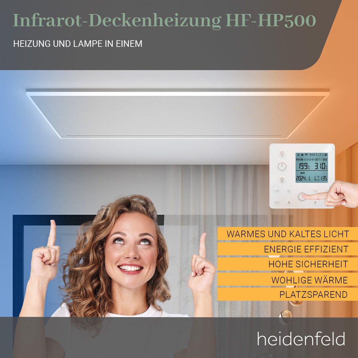 Heidenfeld Infrarotheizung 390 - 800 W Decken Elektroheizung HF-HP500 - 10 J. Garantie