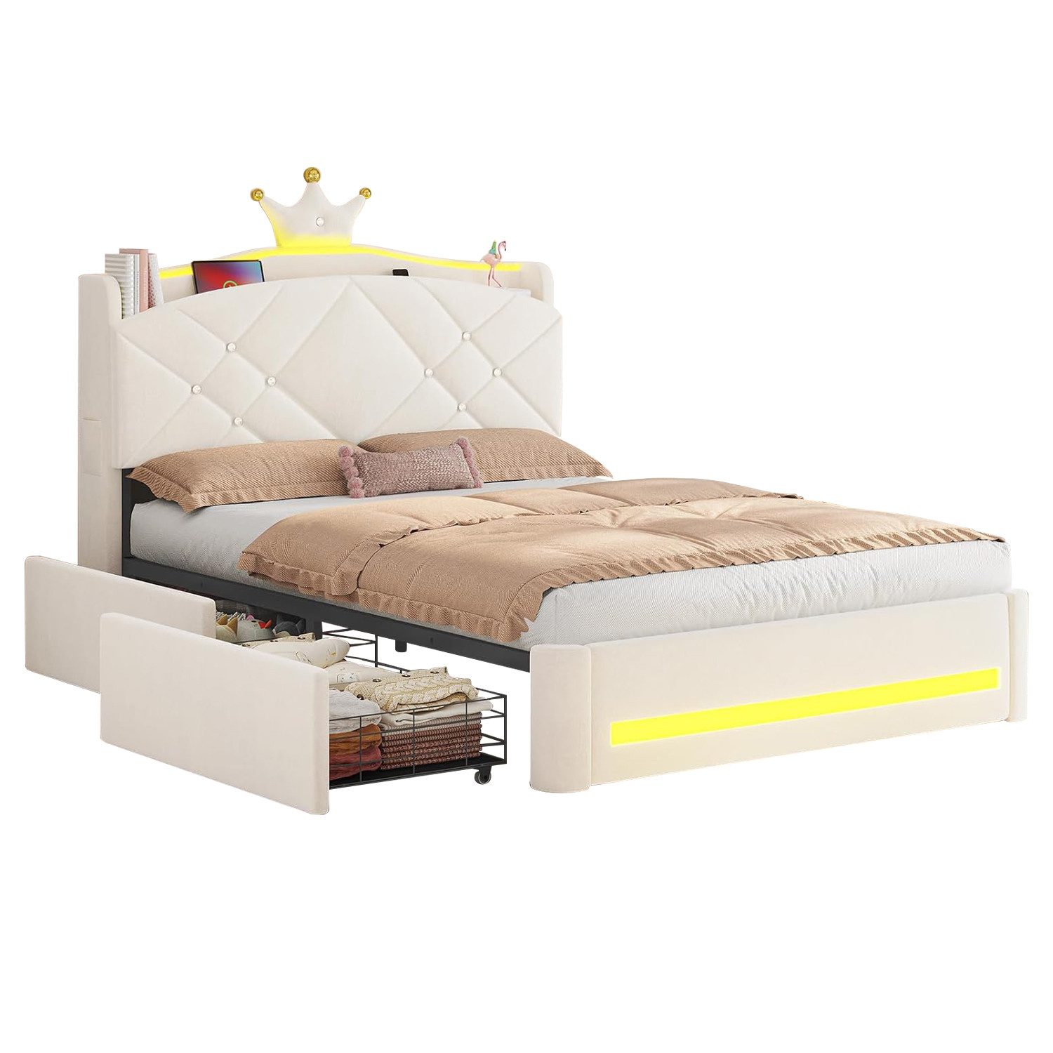 MSMASK Kinderbett im Kronen-Design mit LED-Beleuchtung, Ladestation und 2 Schubladen (Ohne Matratze), Polsterbett Jugendbett Prinzessinnenbett 140 x 200cm