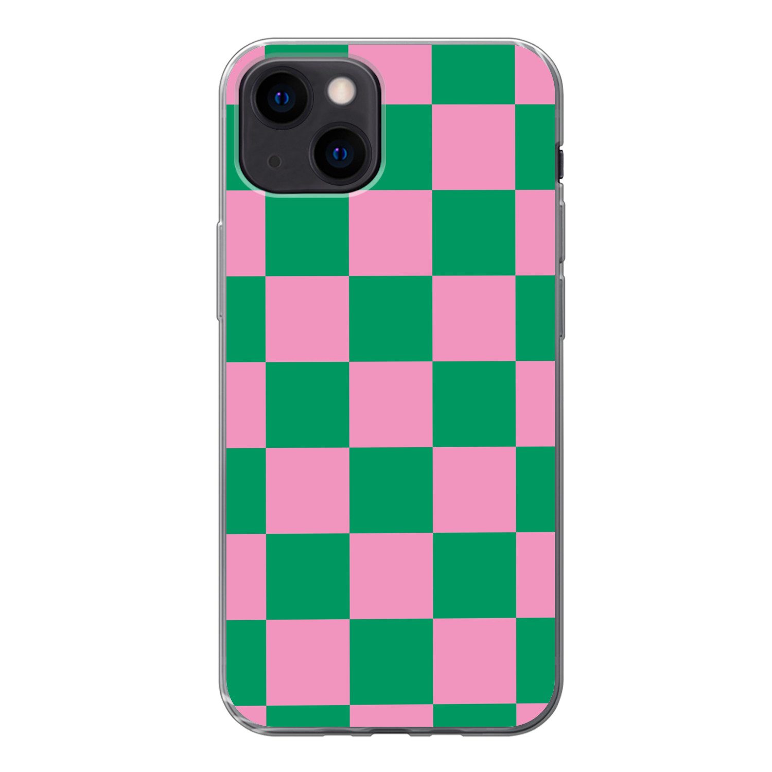 MuchoWow Handyhülle für Apple iPhone 13 mini Schachbrettmuster - Grün - Rosa - Würfel, Smartphone-Bumper, Print, Handy Schutzhülle Dünn