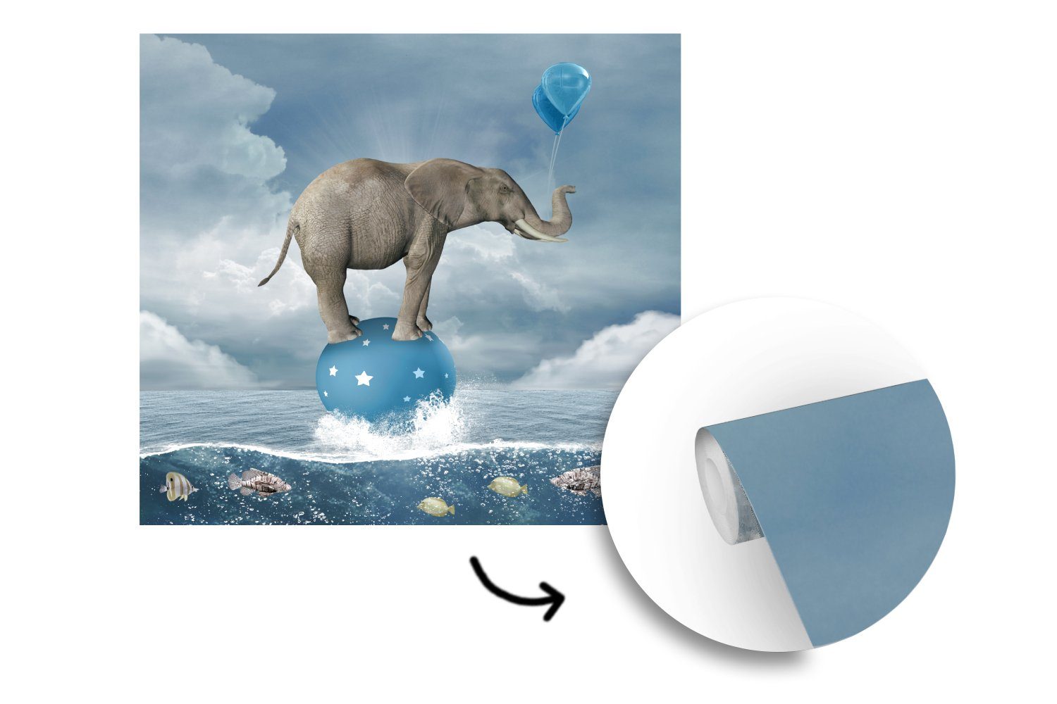 - Fototapete Fototapete Luftballons - St), Vliestapete MuchoWow Küche, bedruckt, - Schlafzimmer Fisch Meer, für Wohnzimmer Matt, (4 Elefant