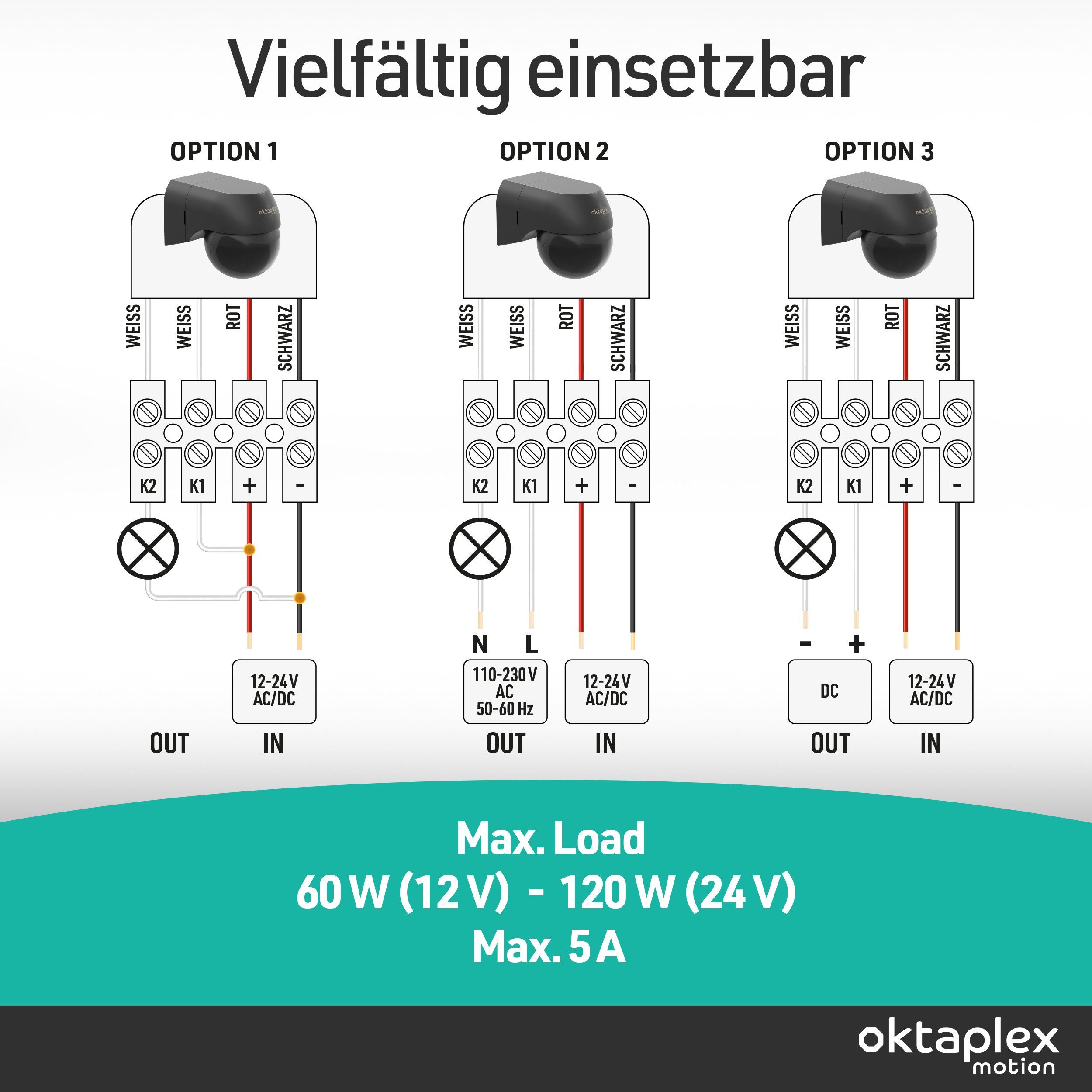 Oktaplex motion Bewegungsmelder 12-24V Bewegungsmelder potentialfrei, (1-St), Schwenkbarer Kopf IP44 Dämmerungssensor anthrazit
