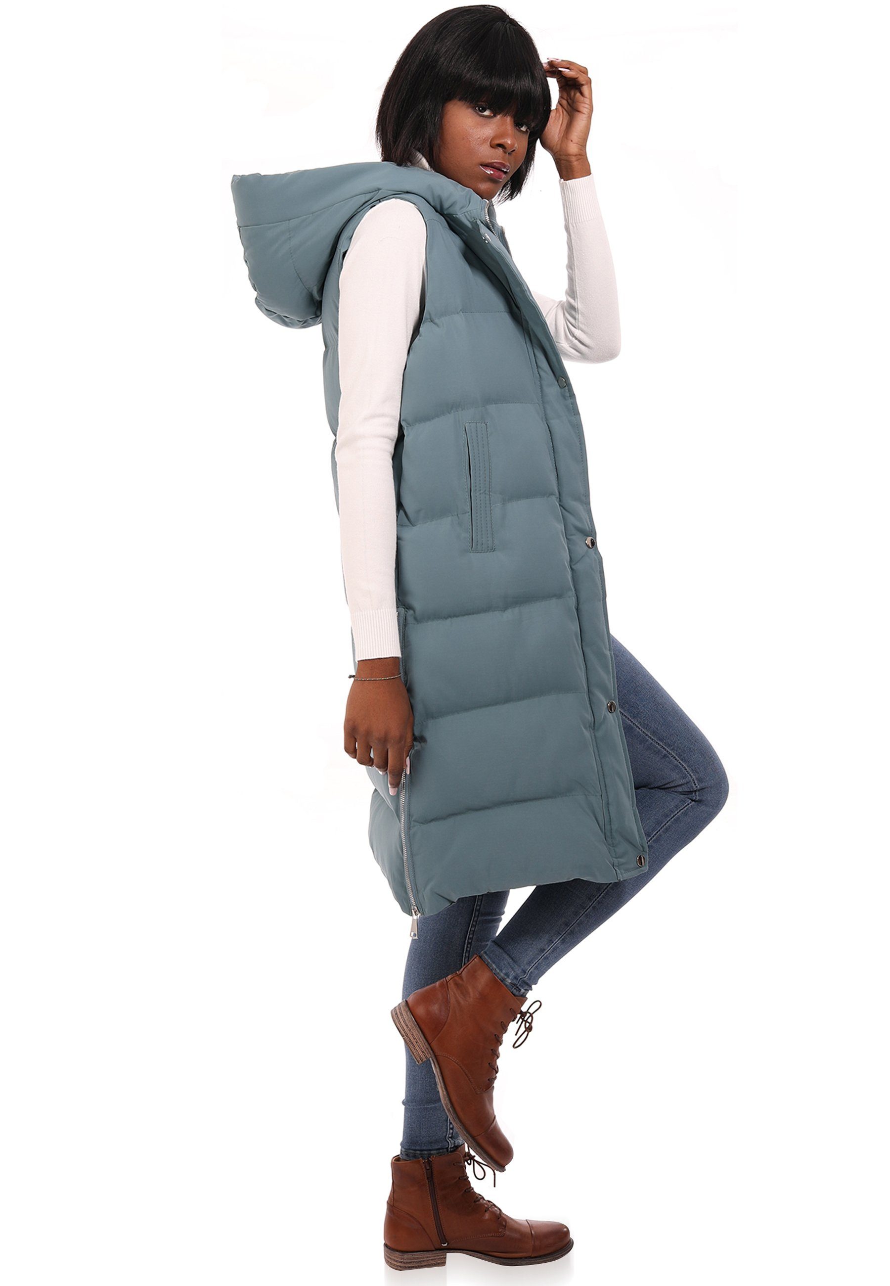 YC Fashion & Style Longweste Steppweste mit Kapuze in sportivem Look (Kein Set, 1 -tlg) in Unifarbe