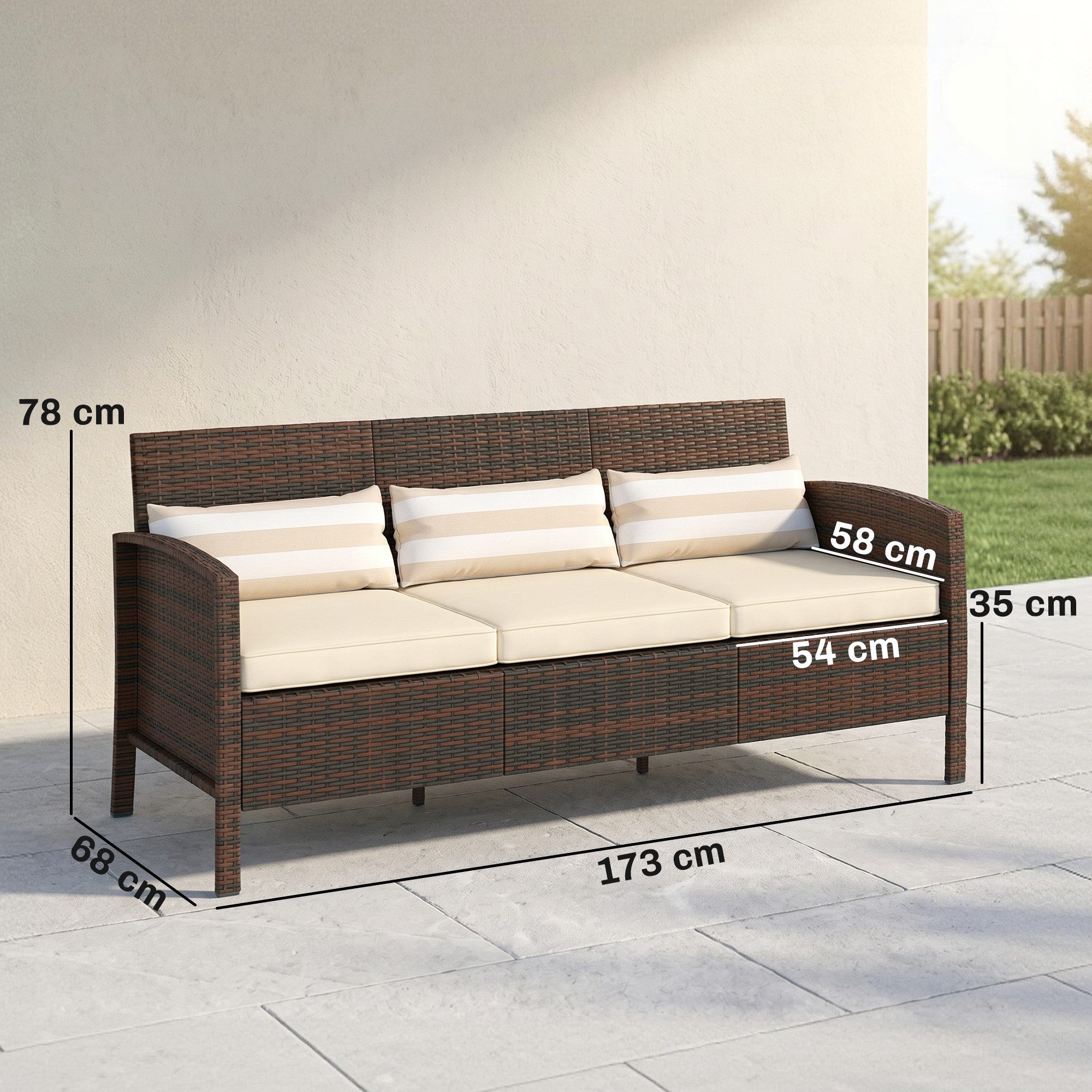 Outsunny Gartenbank Rattan Sofa mit Kissen (Gartenmöbel, 1-St., Garten Loungesofa), Stahl, Braun, 173 x 68 x 78 cm