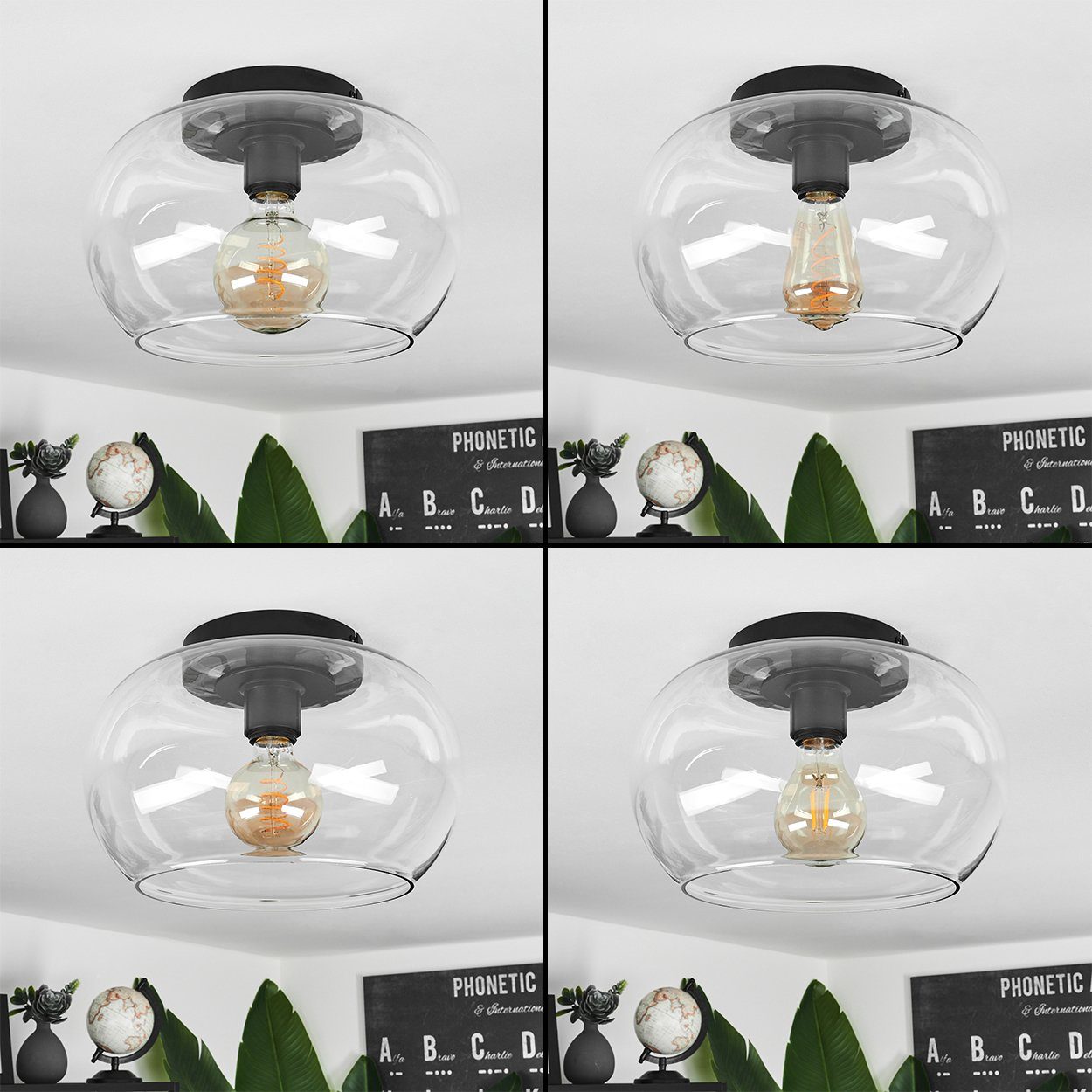 hofstein Deckenleuchte »Cardeto« moderne Deckenlampe aus Metall/Glas in Schwarz/Klar, ohne Leuchtmittel, Leuchte im Retro/Vintage-Design mit Schirm aus Glas (31cm), 1xE27