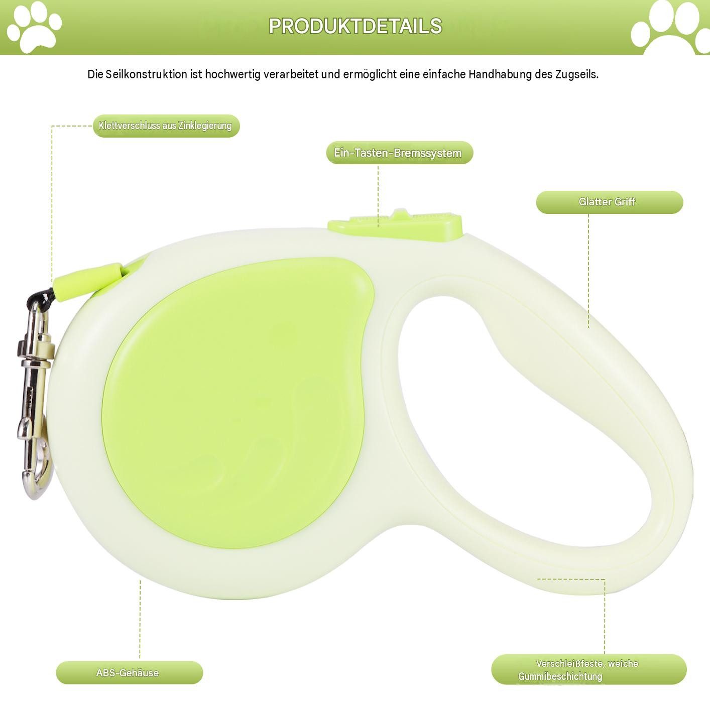 BlingBin Hundeleine Einziehbare 5M Rollleine rutschfeste Laufleinen Ausziehbare Leine, ABS (1 Stück, 1-tlg., 5M), 360°Anti-Verwicklung für Kleine & Mittel Hunde – Bild 2 von 5