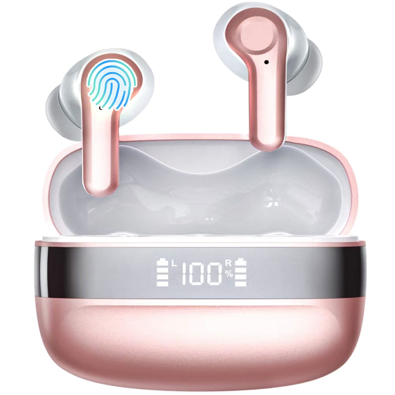 Fyrove Bluetooth 5.4 In-Ear-Kopfhörer, kabellose Stereo-Ohrhörer Bluetooth-Kopfhörer (mit LED-Akkudisplay, Touch-Steuerung, Freisprechfunktion, Auto-Pairing, USB-C-Ladecase und ca. 6–8 Std., Musikwiedergabe für unterwegs, TWS)