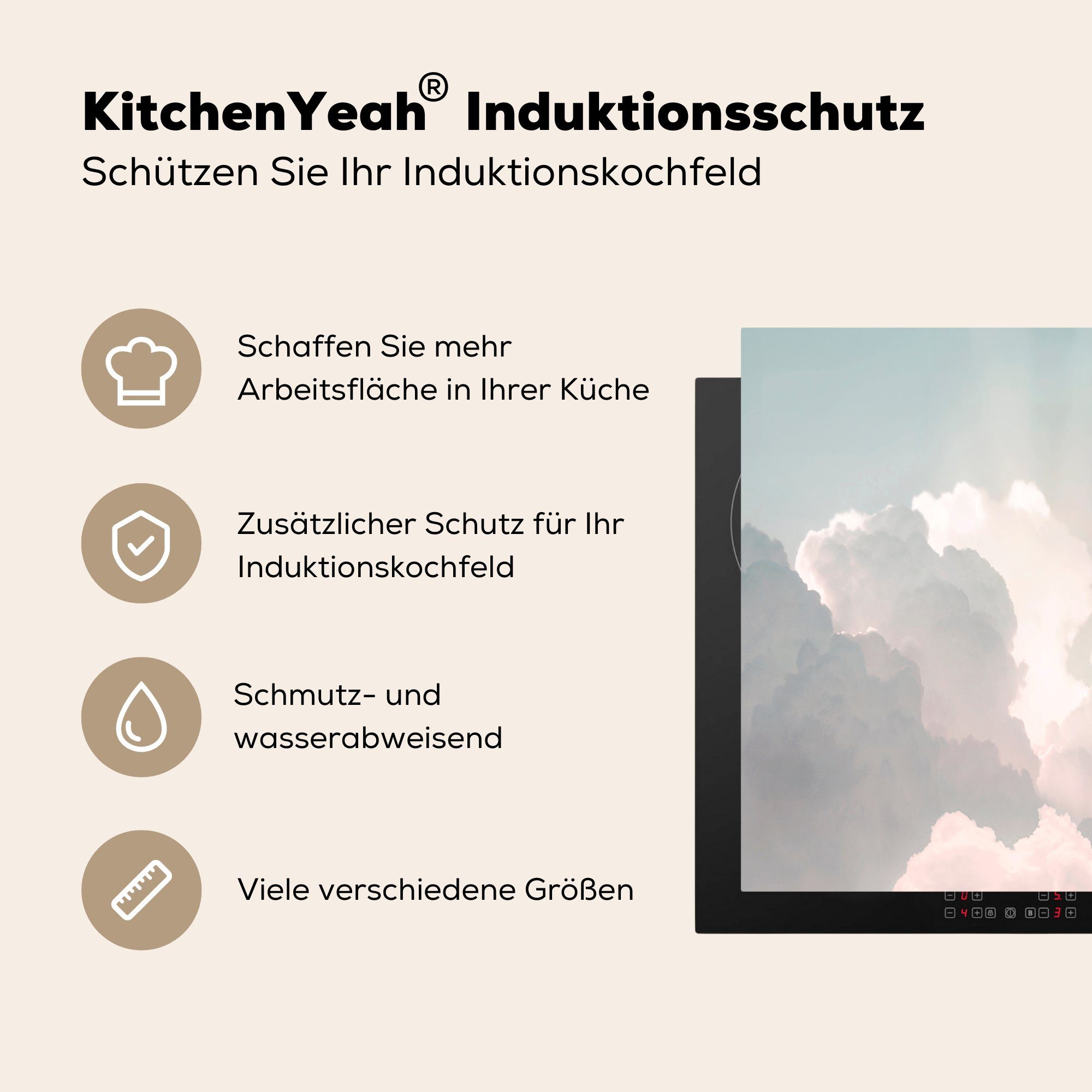 Vinyl, Herdblende-/Abdeckplatte Natur, - Himmel nutzbar, - Sonne tlg), Mobile 60x52 (1 Arbeitsfläche Wolken - MuchoWow Ceranfeldabdeckung cm,