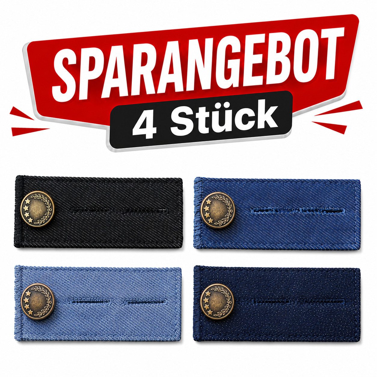 Ware aus aller Welt Bunddehner 4er Set Hosenbund-Erweiterung 8,2 × 3,6 cm Bundweite flexibel anpassen (4-tlg), Jeansknopf-Erweiterung Hosenweiterer Hosenbund-Verlängerung