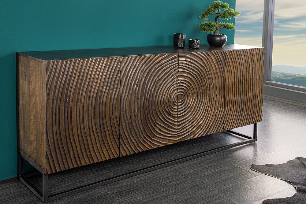 riess-ambiente Sideboard ZEN CIRCLES 180cm dunkelbraun - Mango-Massivholz, Metall, 3D-Design (Einzelartikel, 1 St), Handgefertigte Kommode mit Lackierung und Soft-Close-Funktion